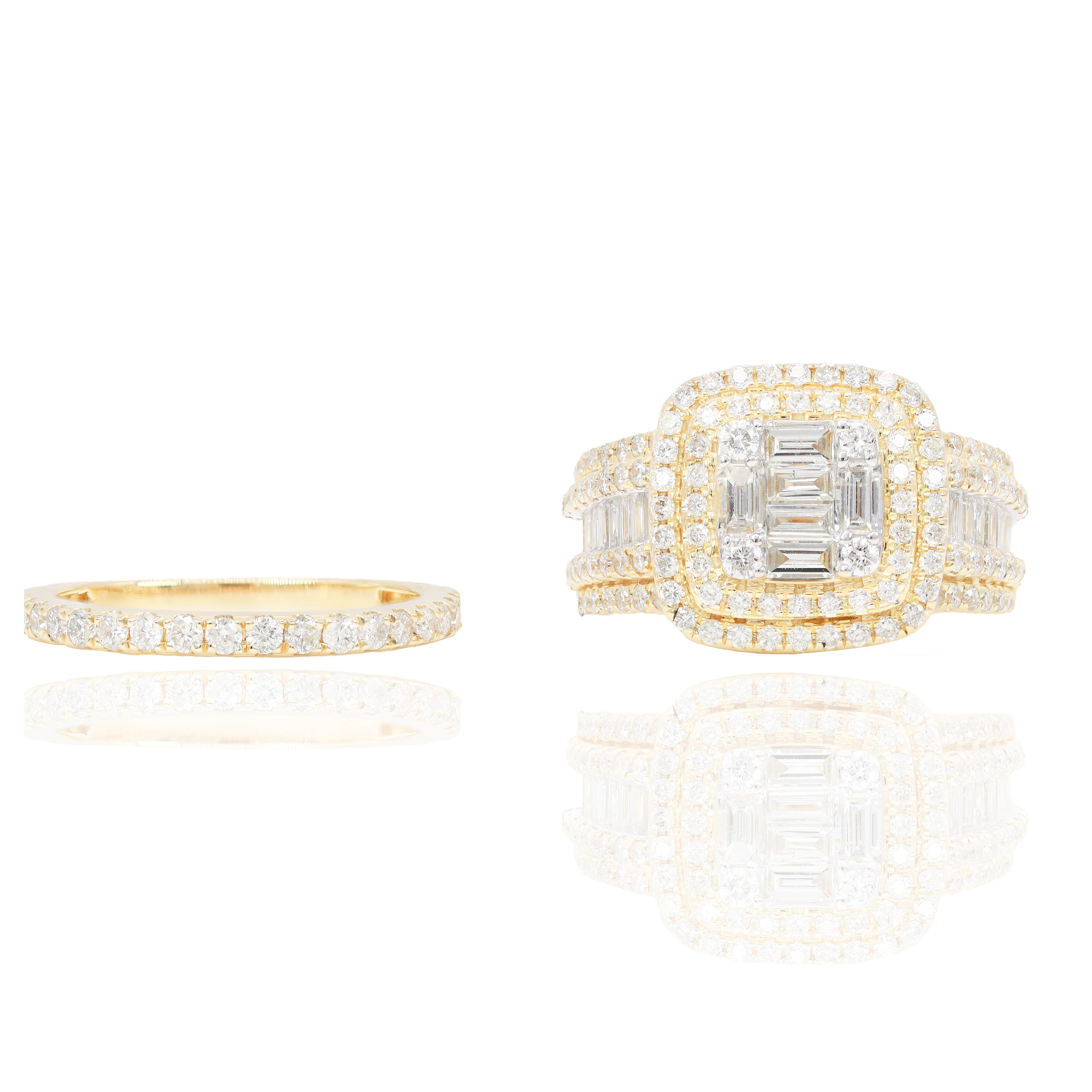 Double Halo Center Baguette Diamond Engagement Ring & Band
