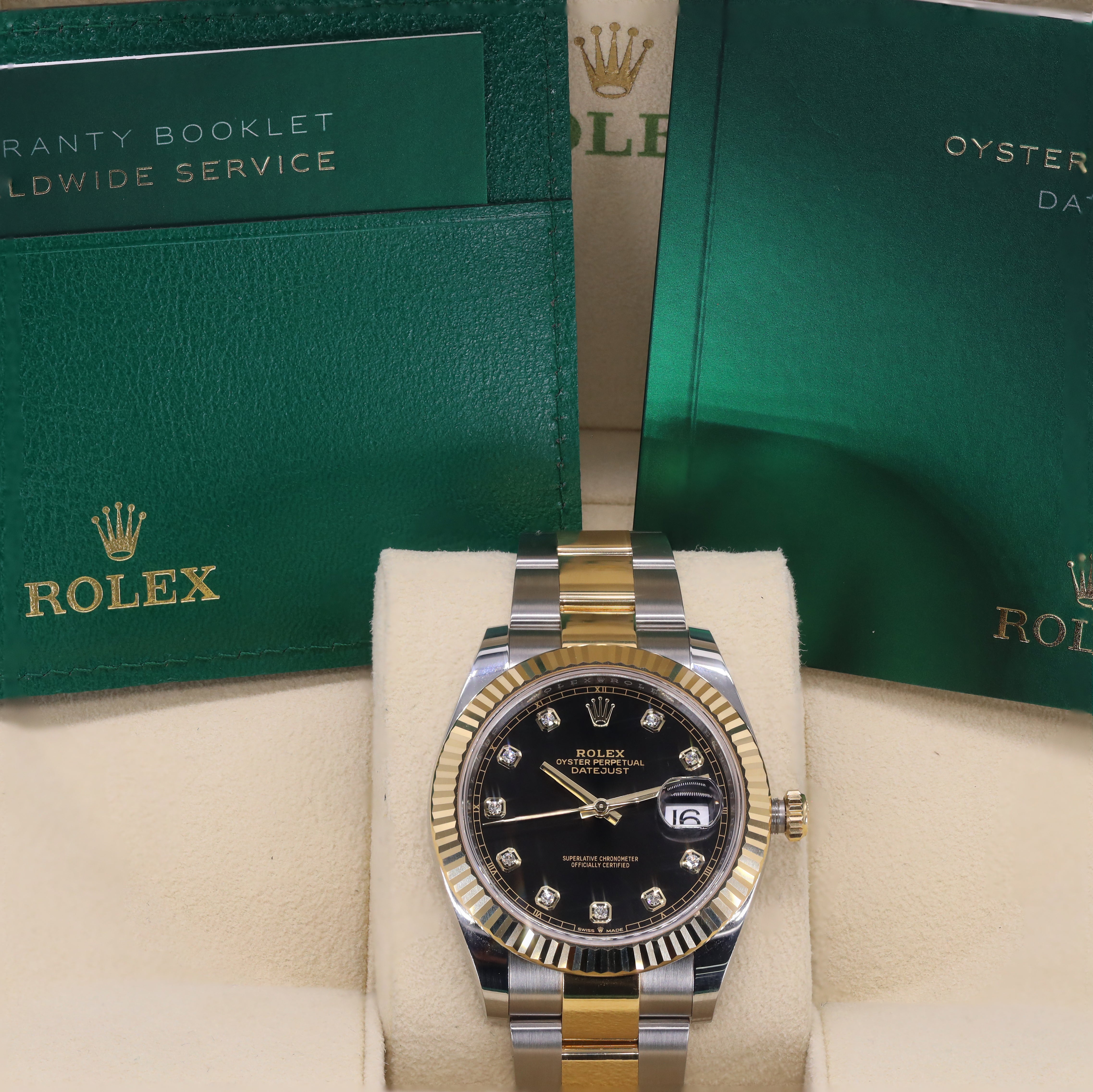Rolex 126333 Datejust 41mm Mens Oyster Two-Tone 18K Gold Fluted Bezel & Bright Black Diamond Dial
