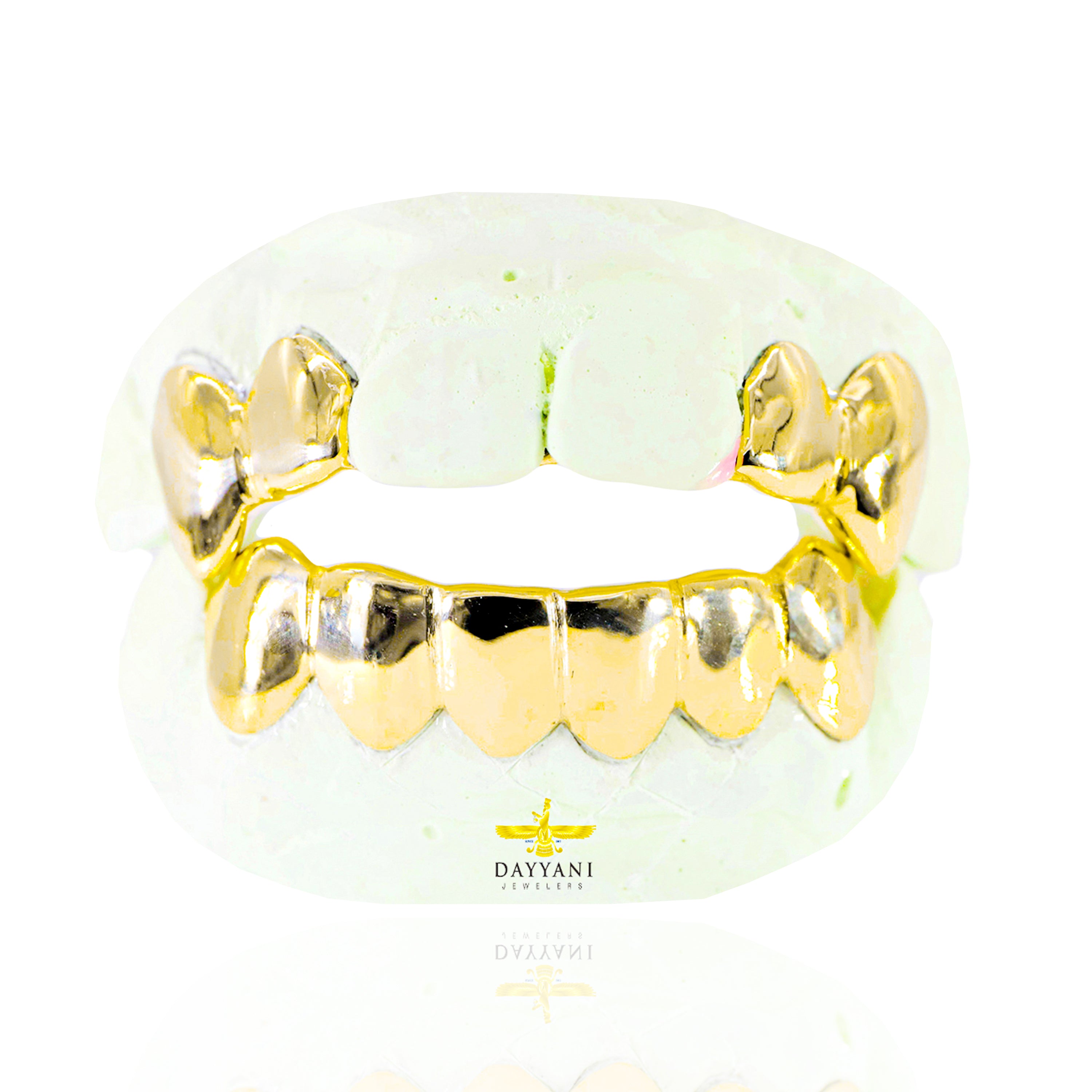 Custom 4 Teeth Fangs Top on 6 Teeth Bottom Gold Grillz