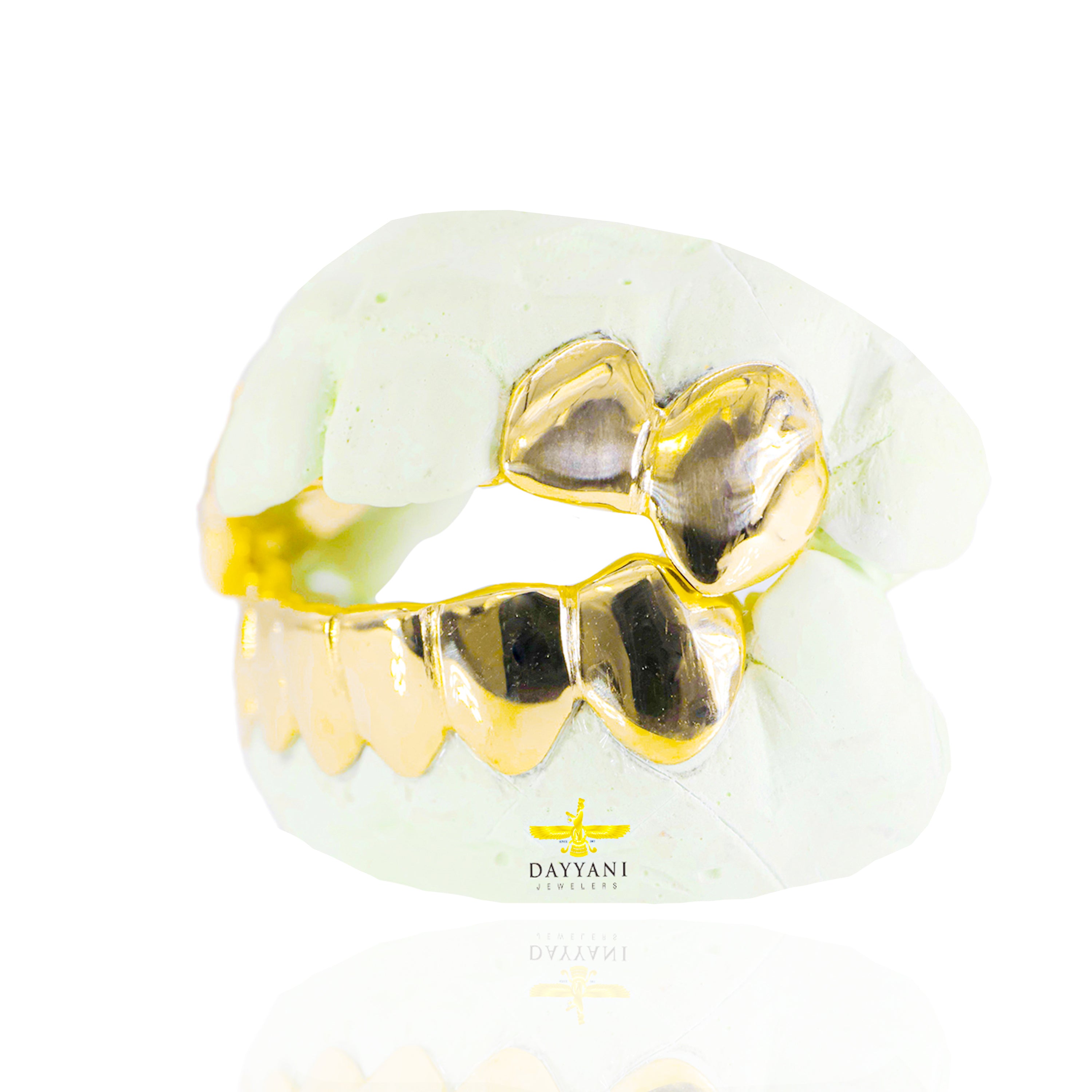 Custom 4 Teeth Fangs Top on 6 Teeth Bottom Gold Grillz