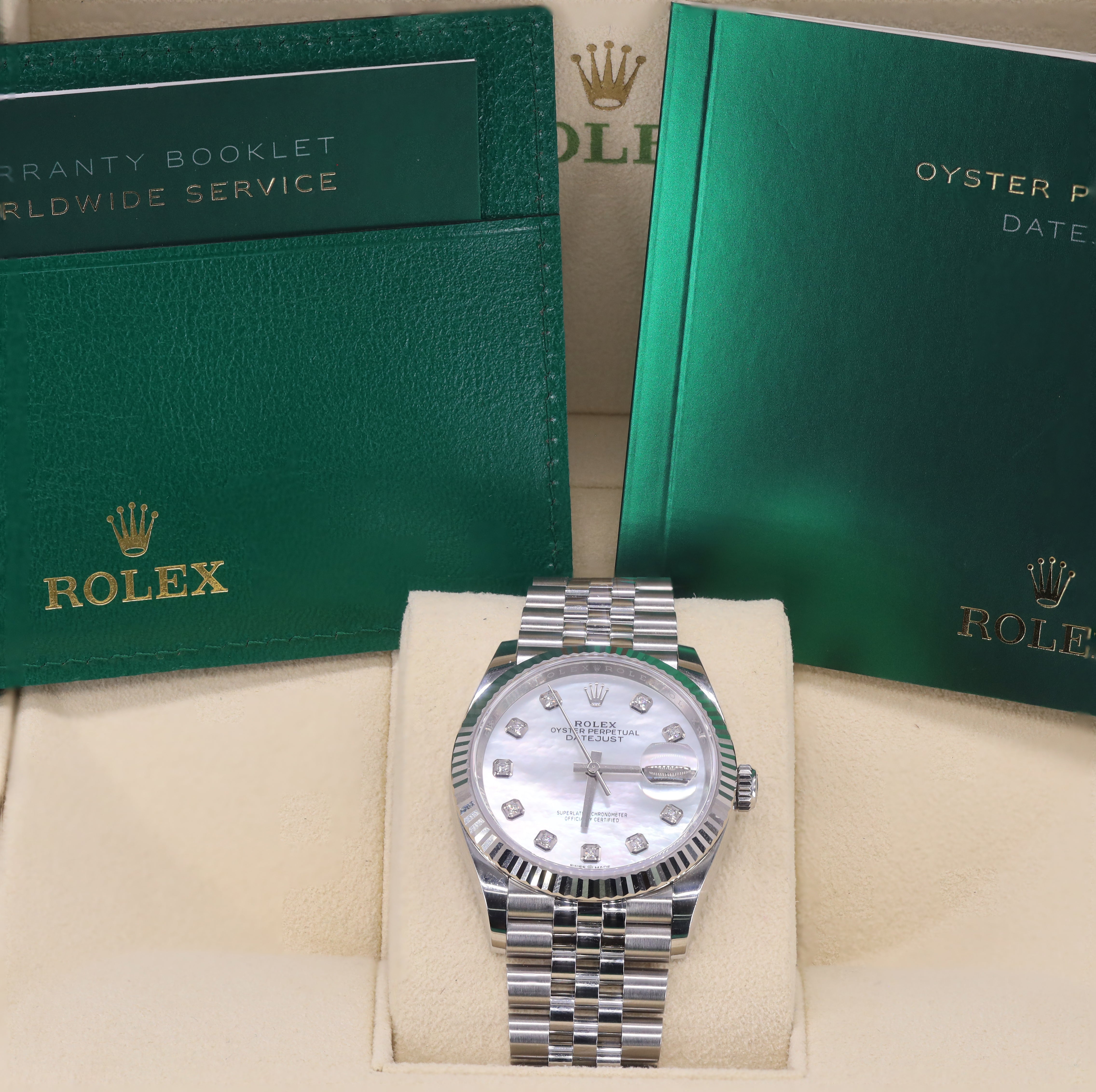 Rolex 126234 DateJust White Mother-of-Pearl Diamond-Set Dial 36mm Fluted Bezel