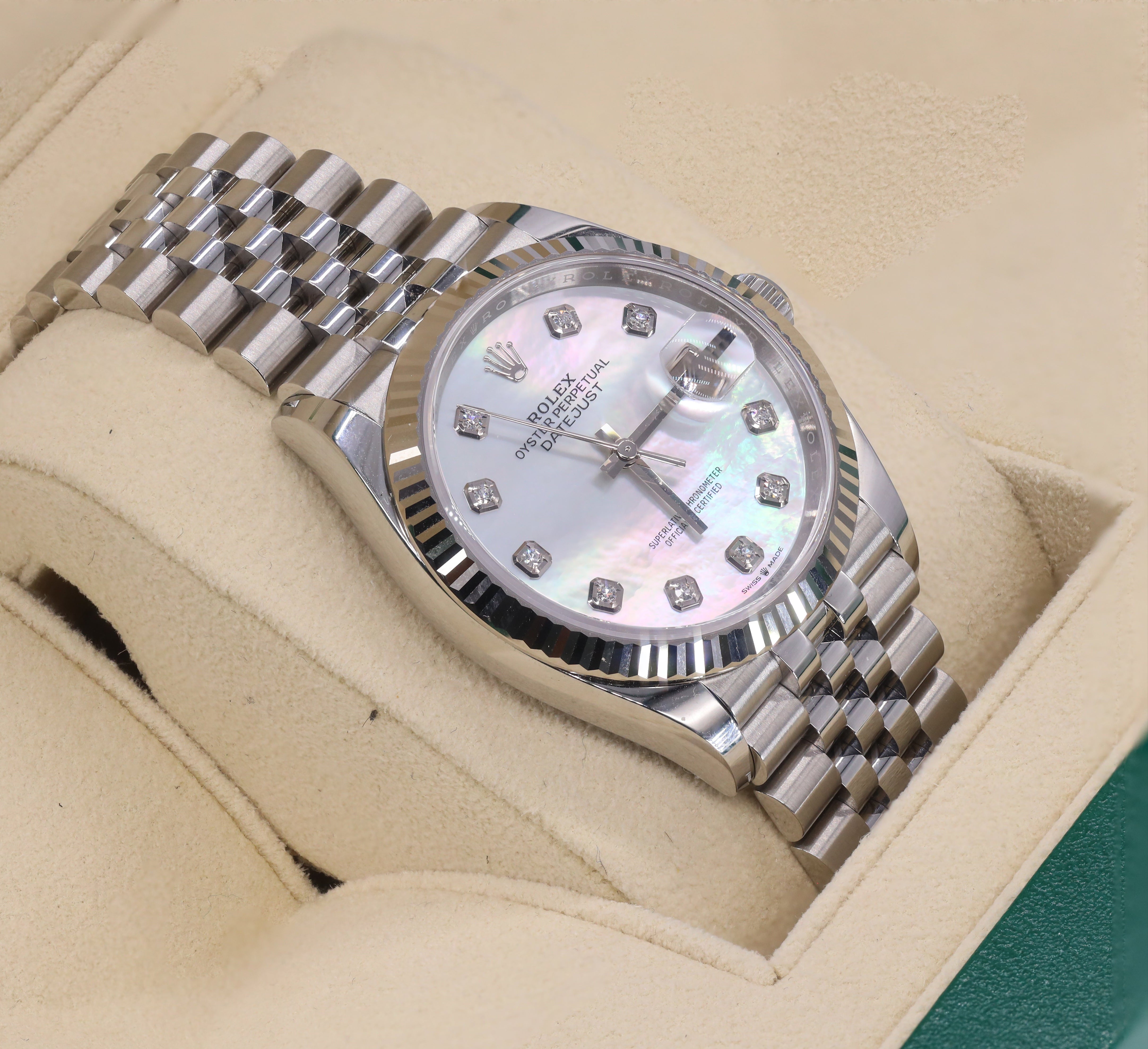 Rolex 126234 DateJust White Mother-of-Pearl Diamond-Set Dial 36mm Fluted Bezel