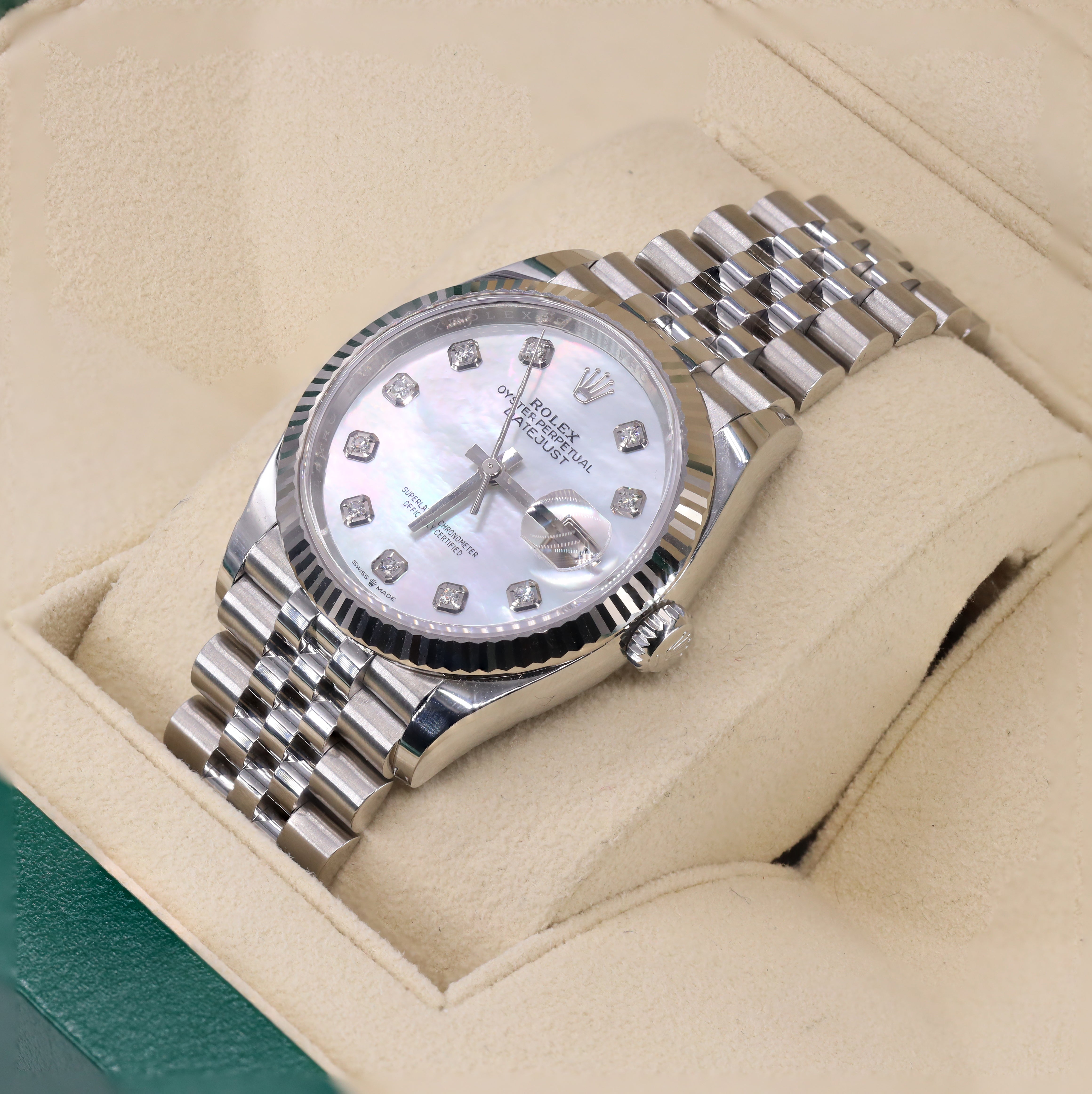 Rolex 126234 DateJust White Mother-of-Pearl Diamond-Set Dial 36mm Fluted Bezel