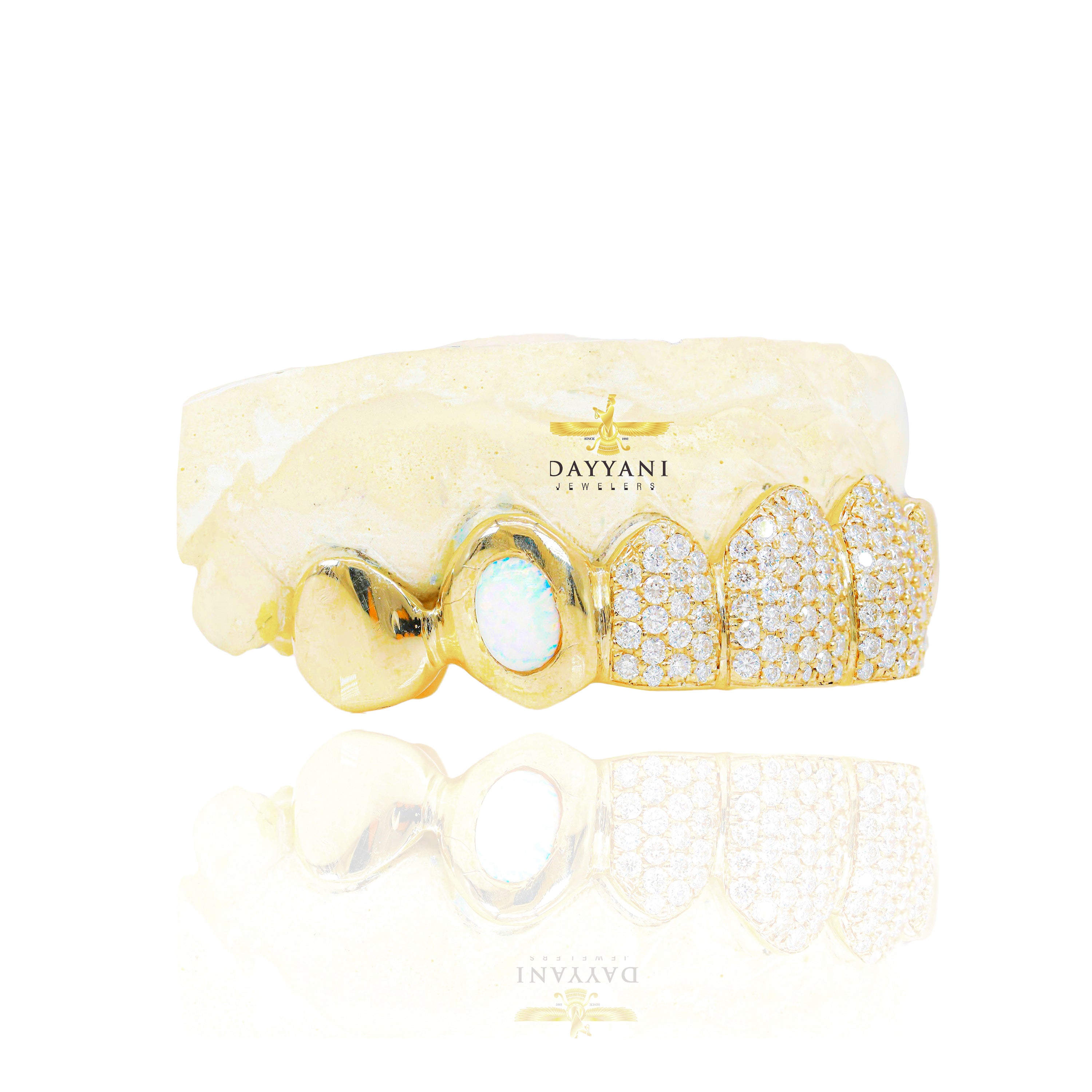Custom 4 Middle Diamond & Opal Fangs Gold Grillz with Solid Ends