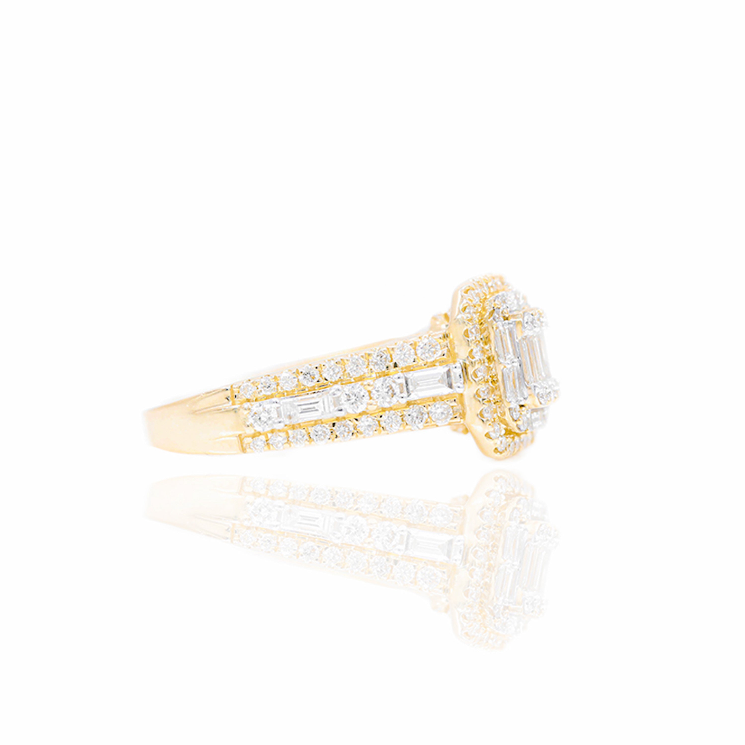 Two-Tone Baguette with Halo Diamond Engagement Ring & Band