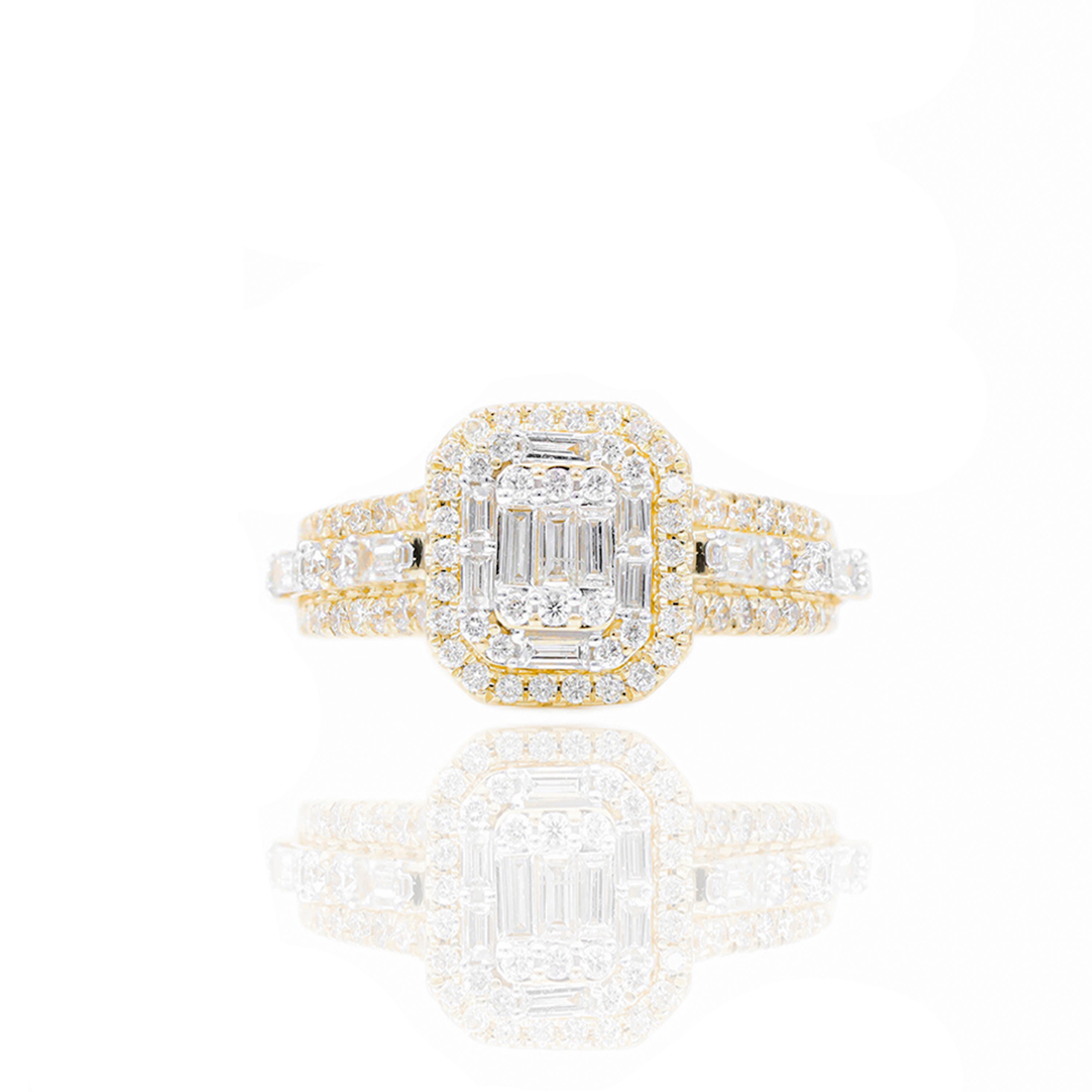 Two-Tone Baguette with Halo Diamond Engagement Ring & Band