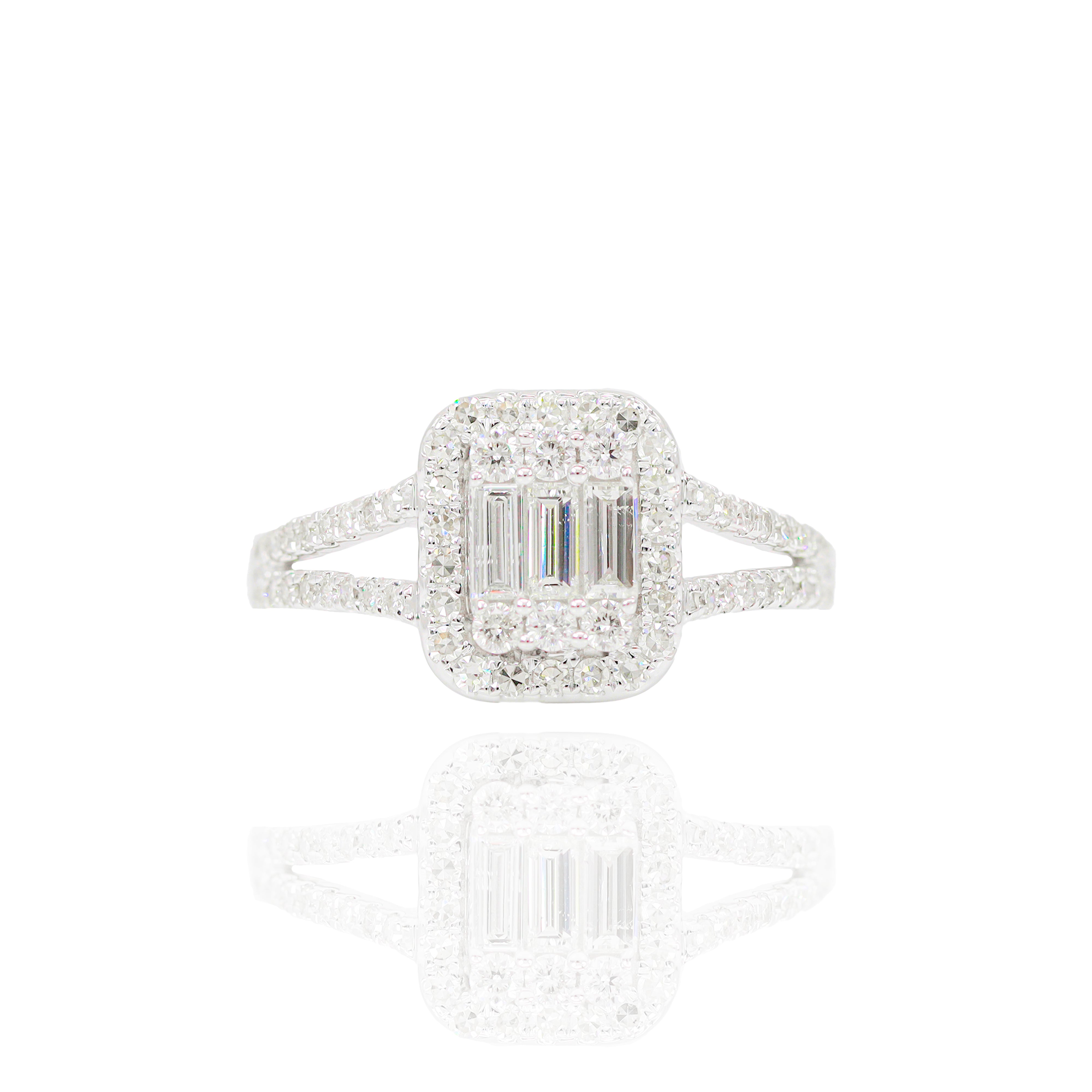 3 Row Baguette with Halo Diamond Engagement Ring & Band