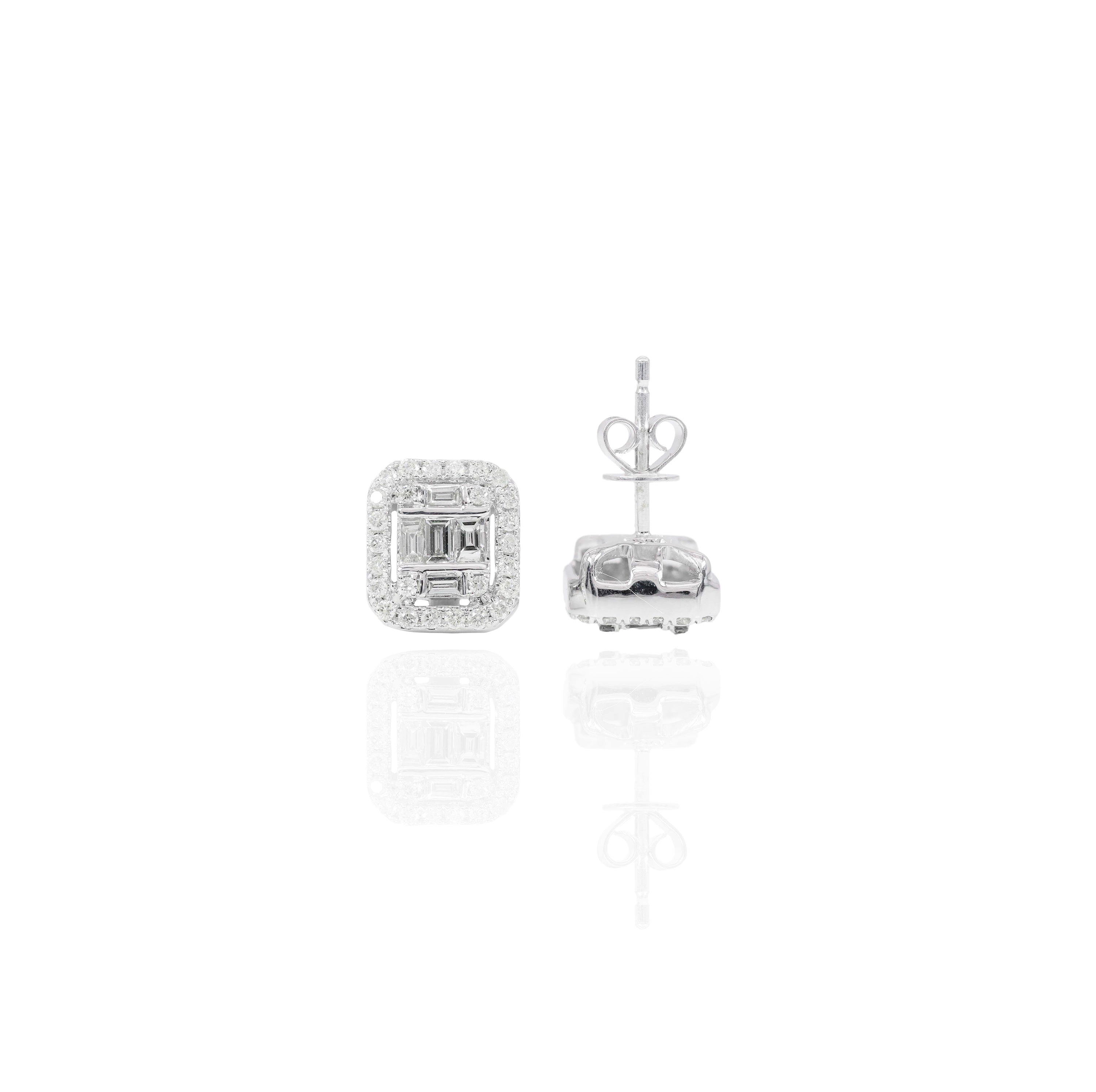 Rectangle Baguette Diamond Cluster Earrings w/ Diamond Border