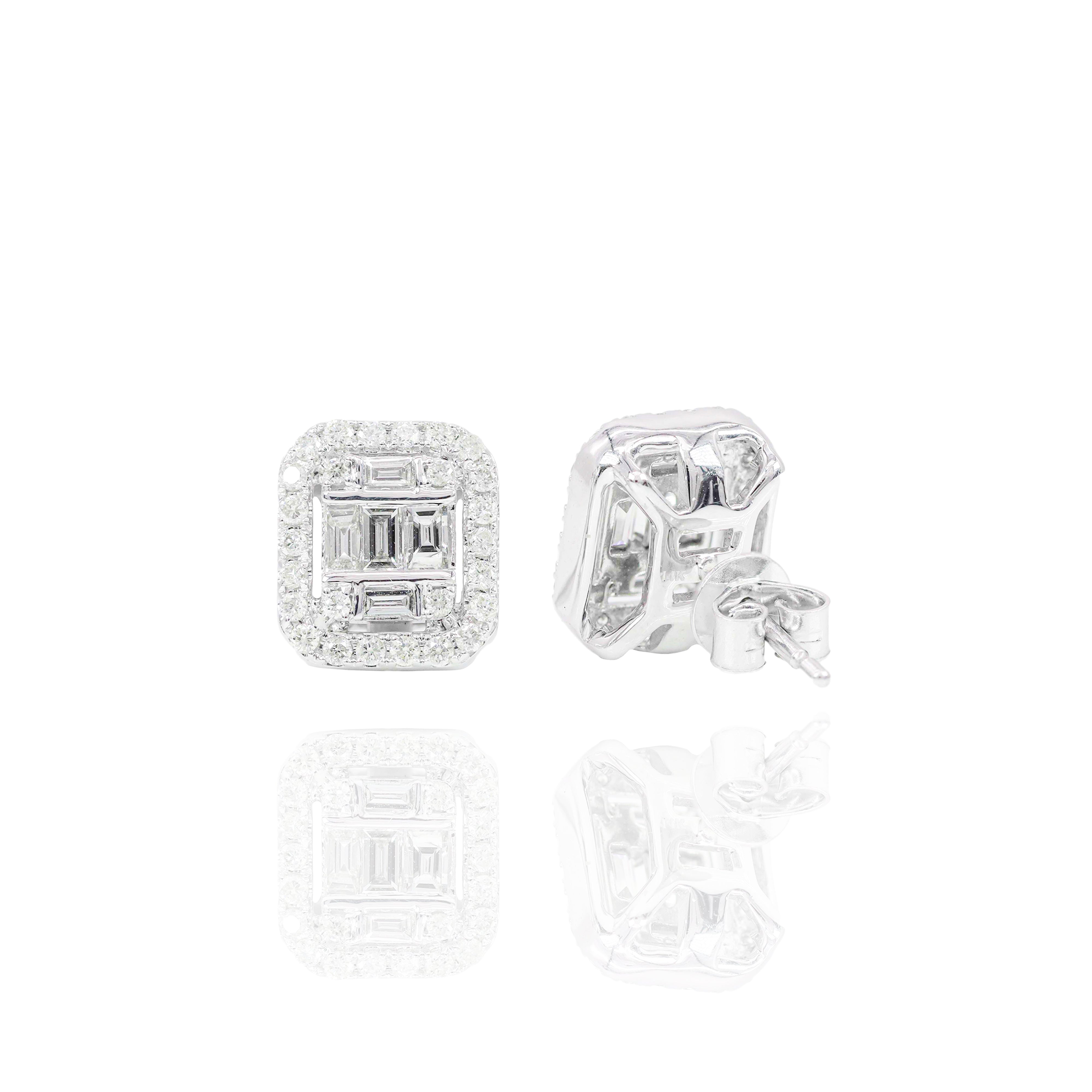 Rectangle Baguette Diamond Cluster Earrings w/ Diamond Border