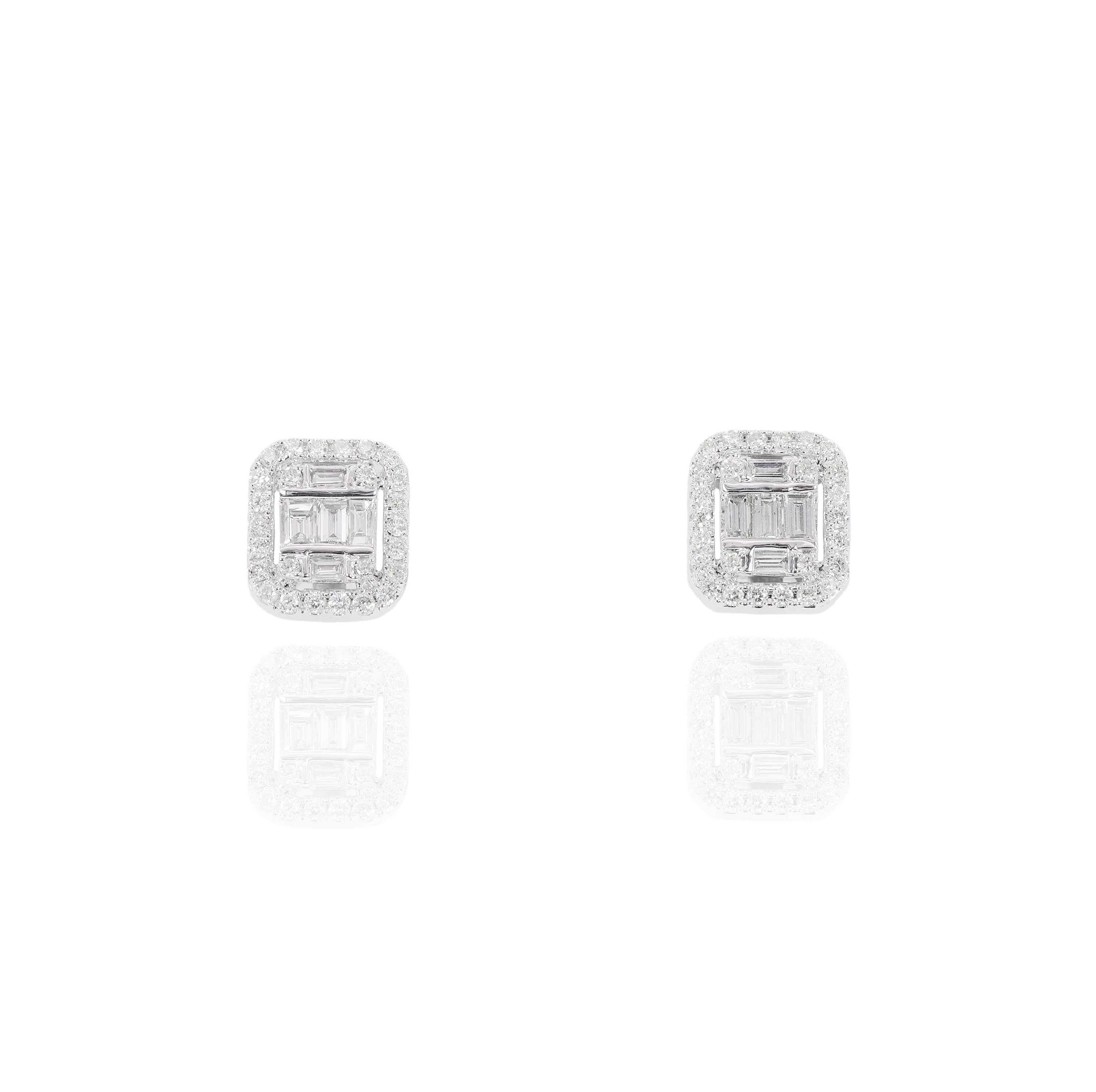Rectangle Baguette Diamond Cluster Earrings w/ Diamond Border
