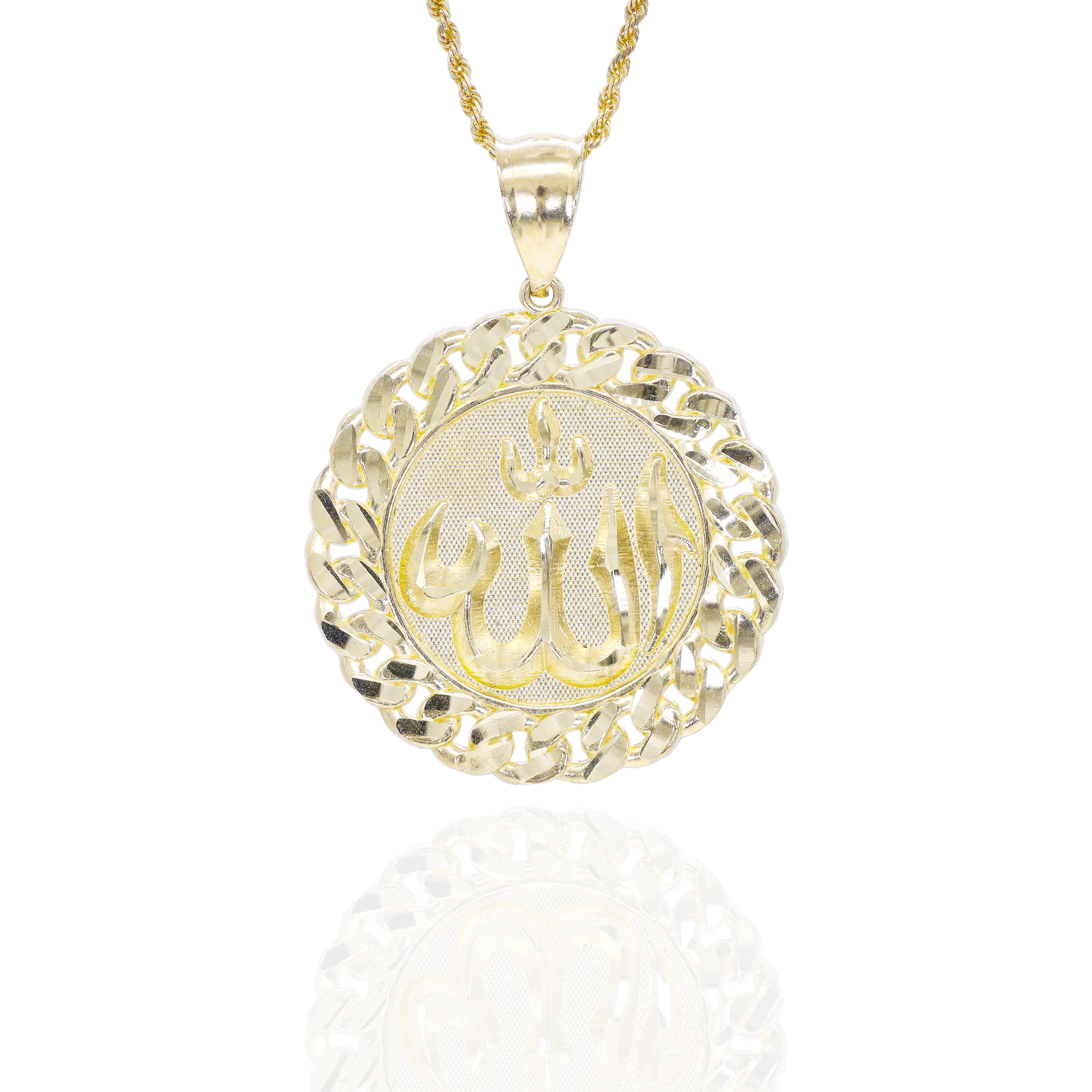 Gold pendant with intricate design with Allah written in arabic 