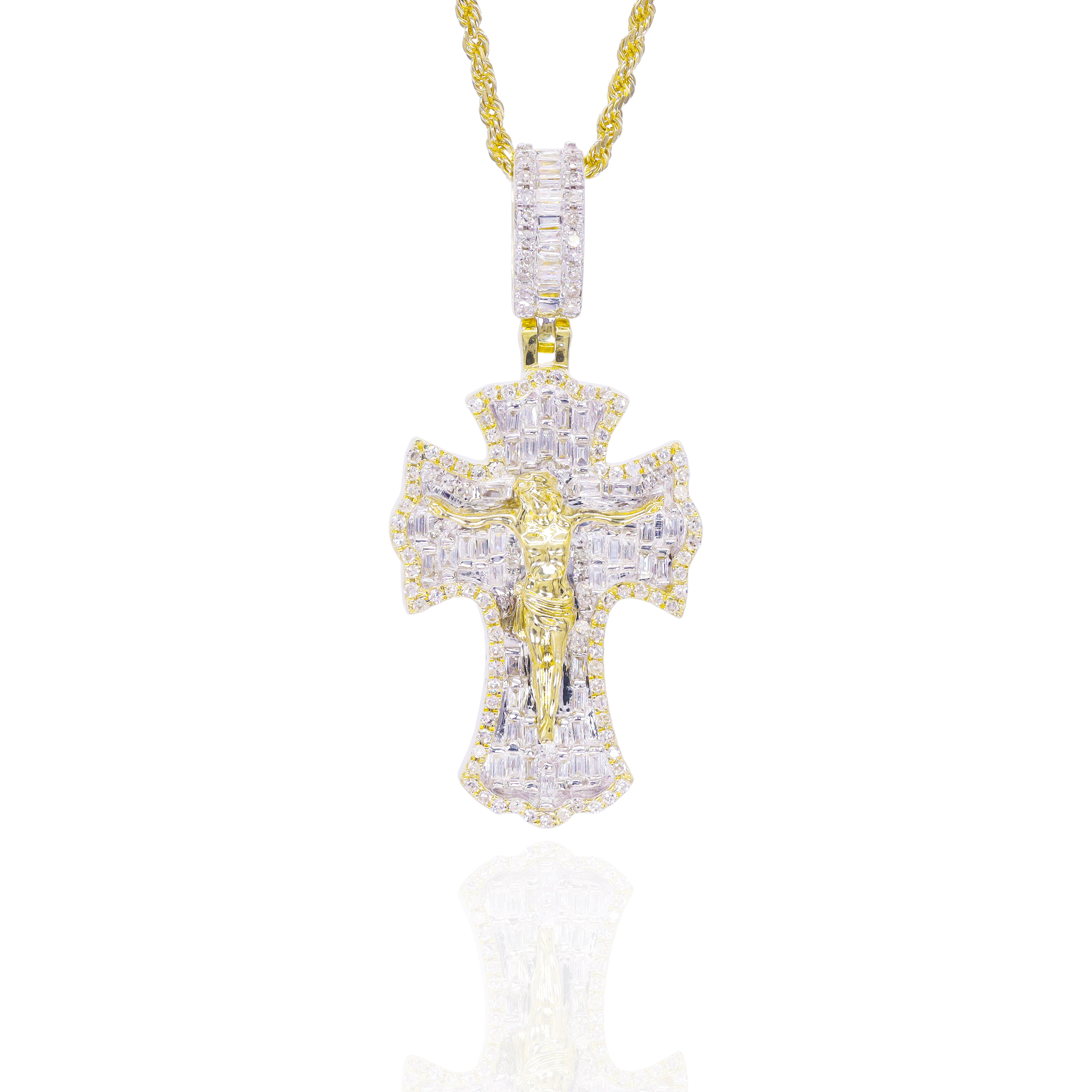 Jesus Baguette with Round Border Diamond Pendant