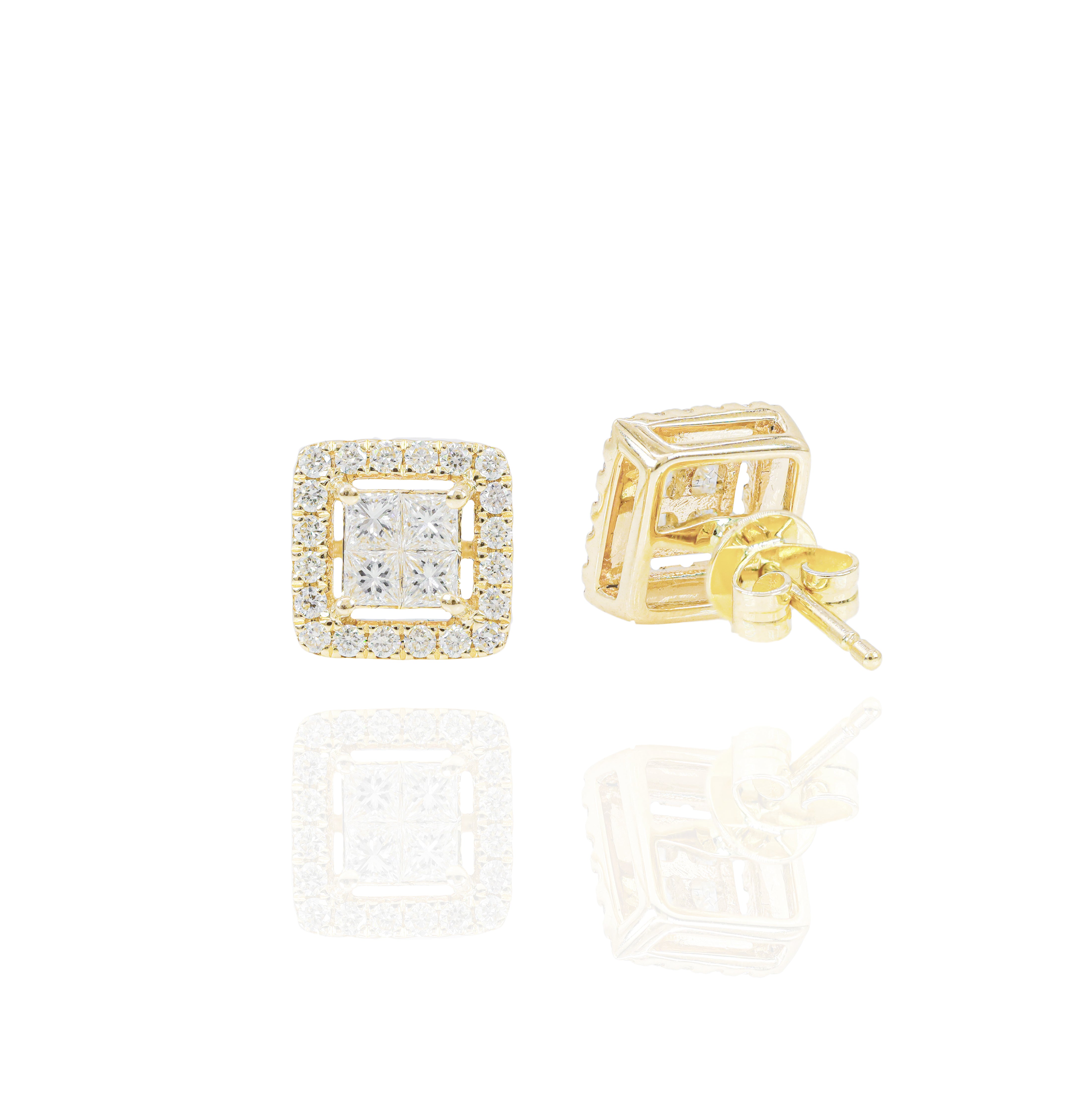 Invisible Set Princess Cut Diamond Earrings with Round Diamond Border