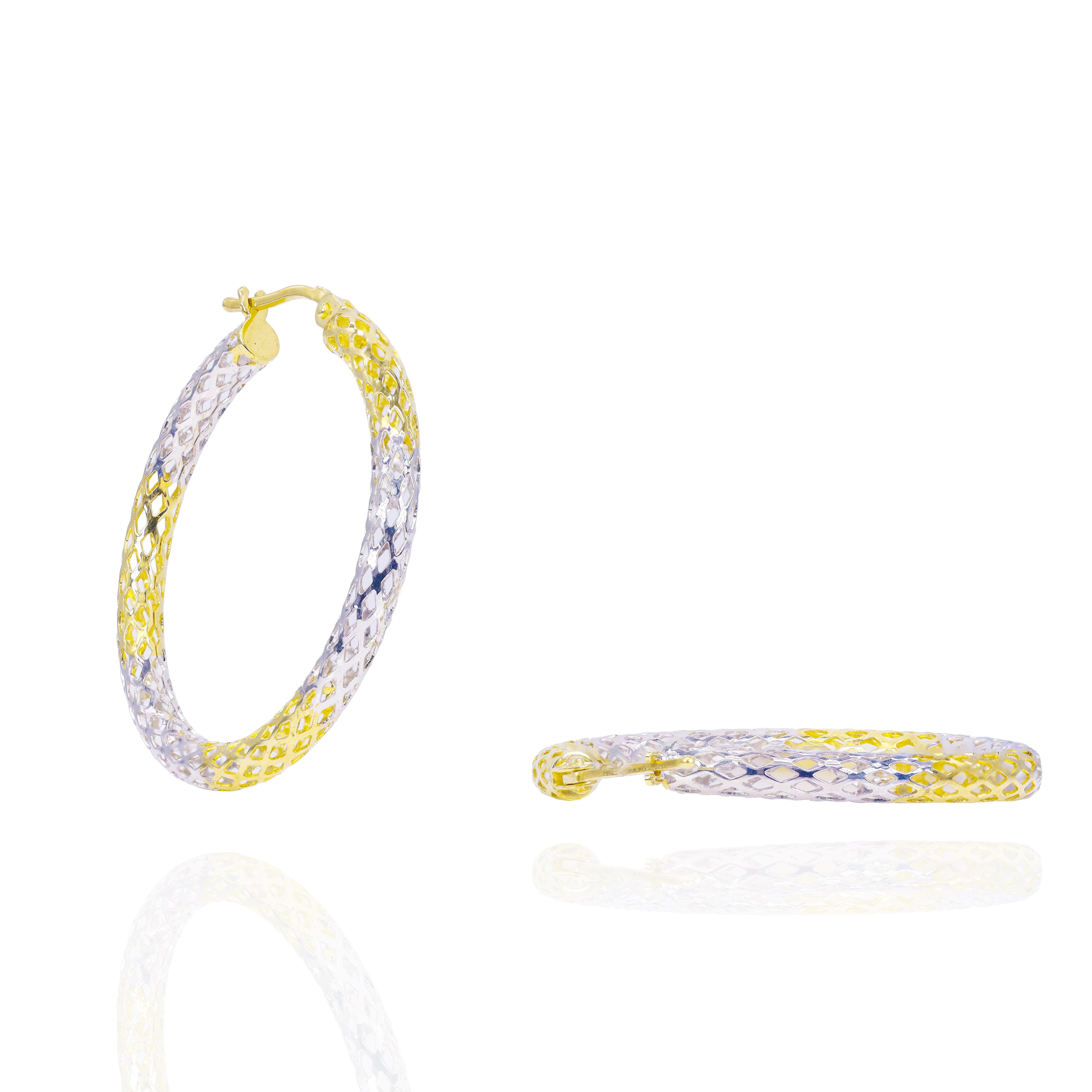 Mesh Two-Tone Solid Gold Hoop Earrings