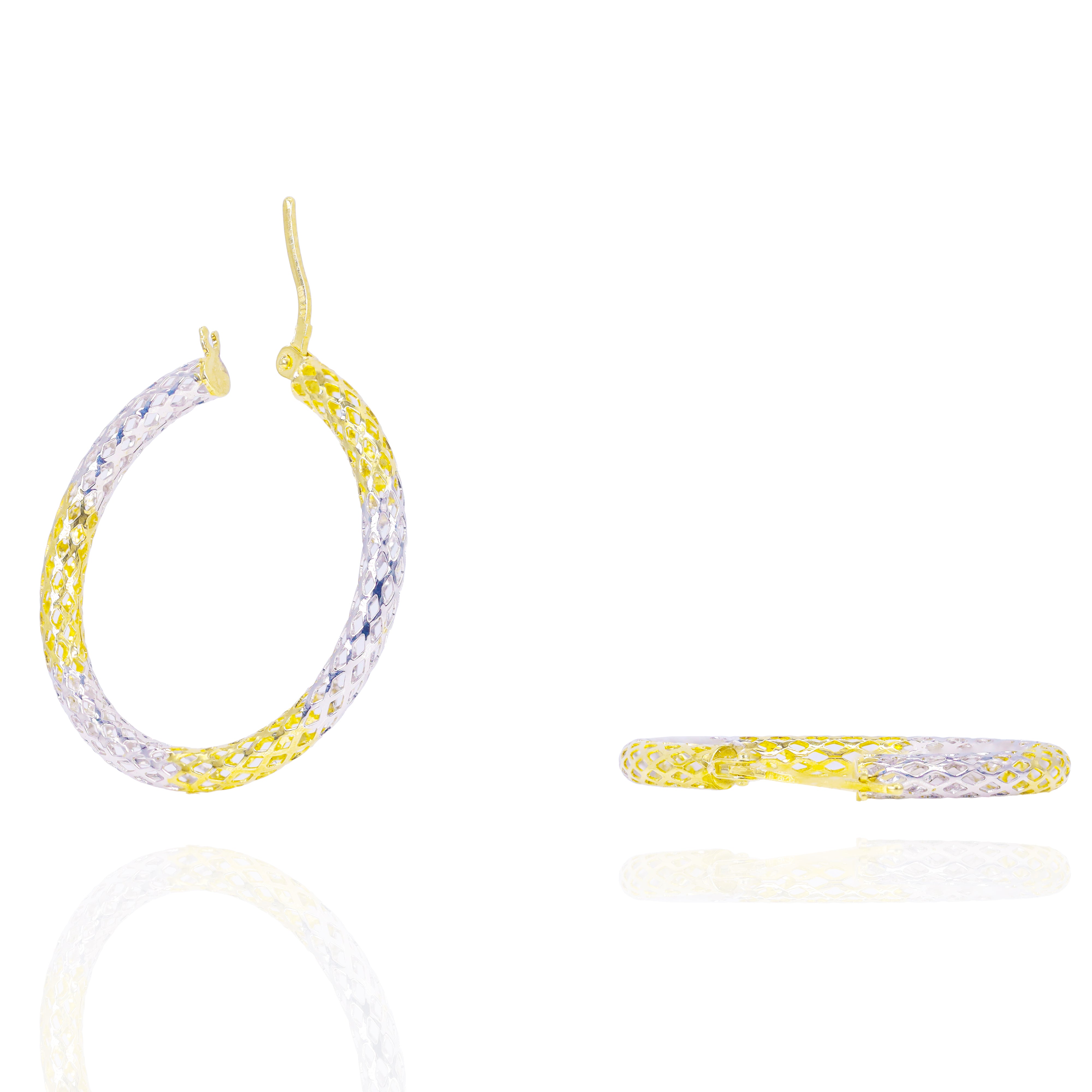 Mesh Two-Tone Solid Gold Hoop Earrings