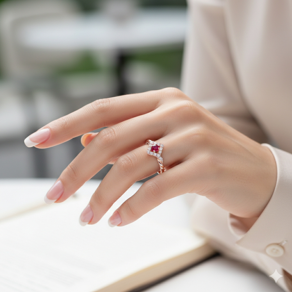 15-Pointer Ruby with Halo Diamond Ring