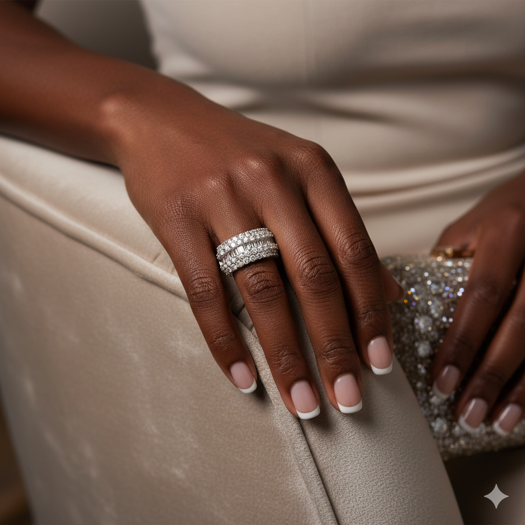 Center Baguette with 2 Row Round Diamond Ring Band