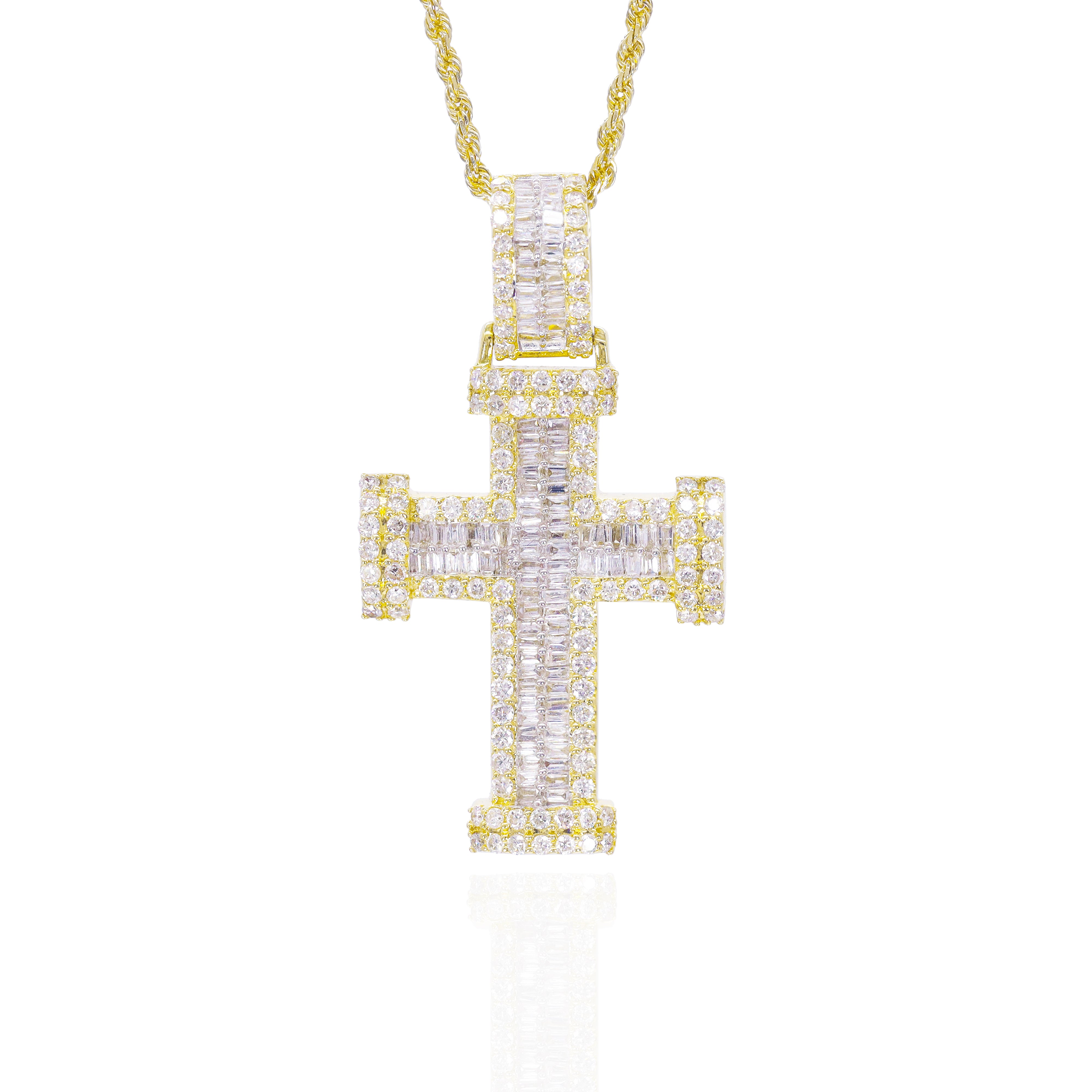 Two Row Baguette Diamond Cross Pendant