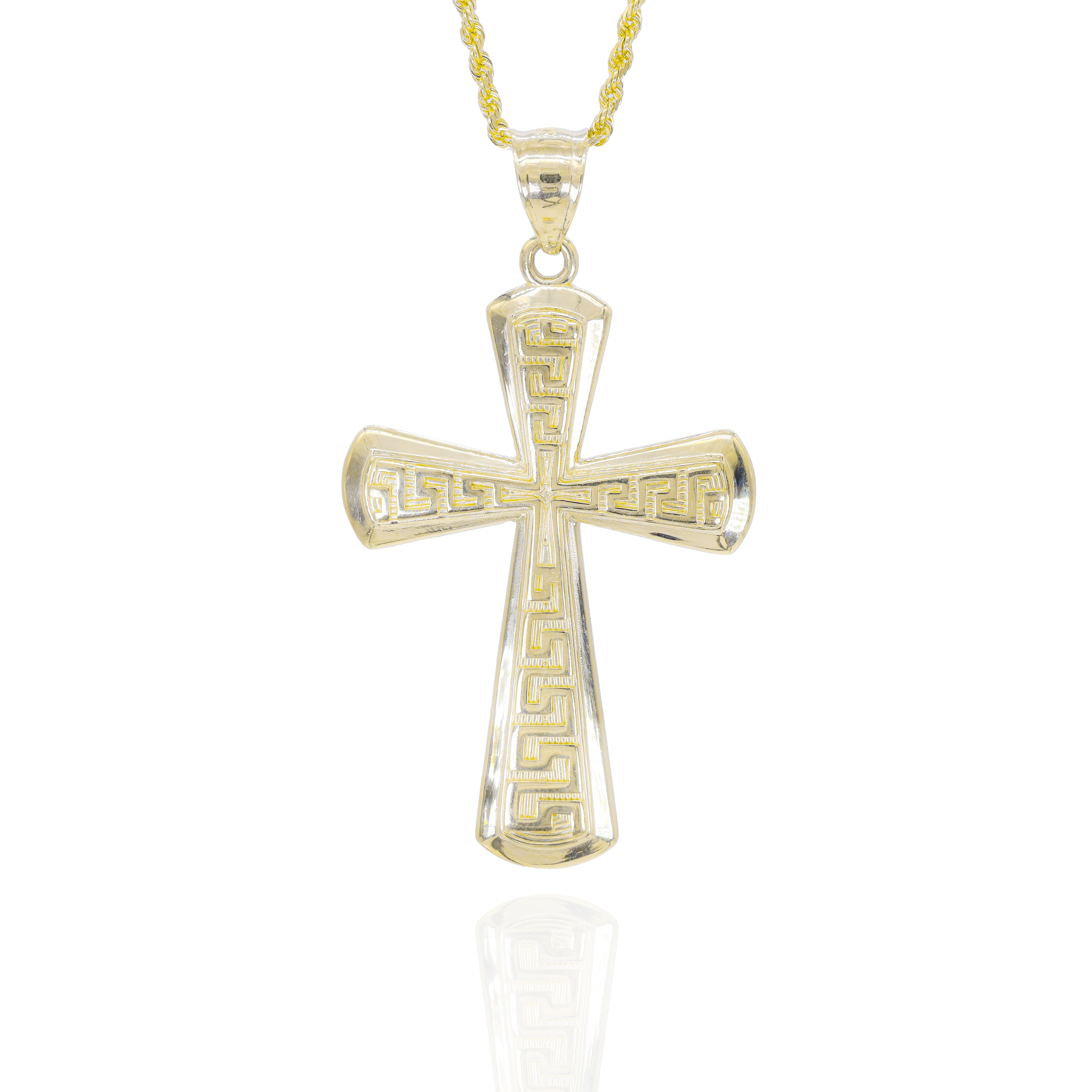 Greek Key Beveled Cross Gold Pendant