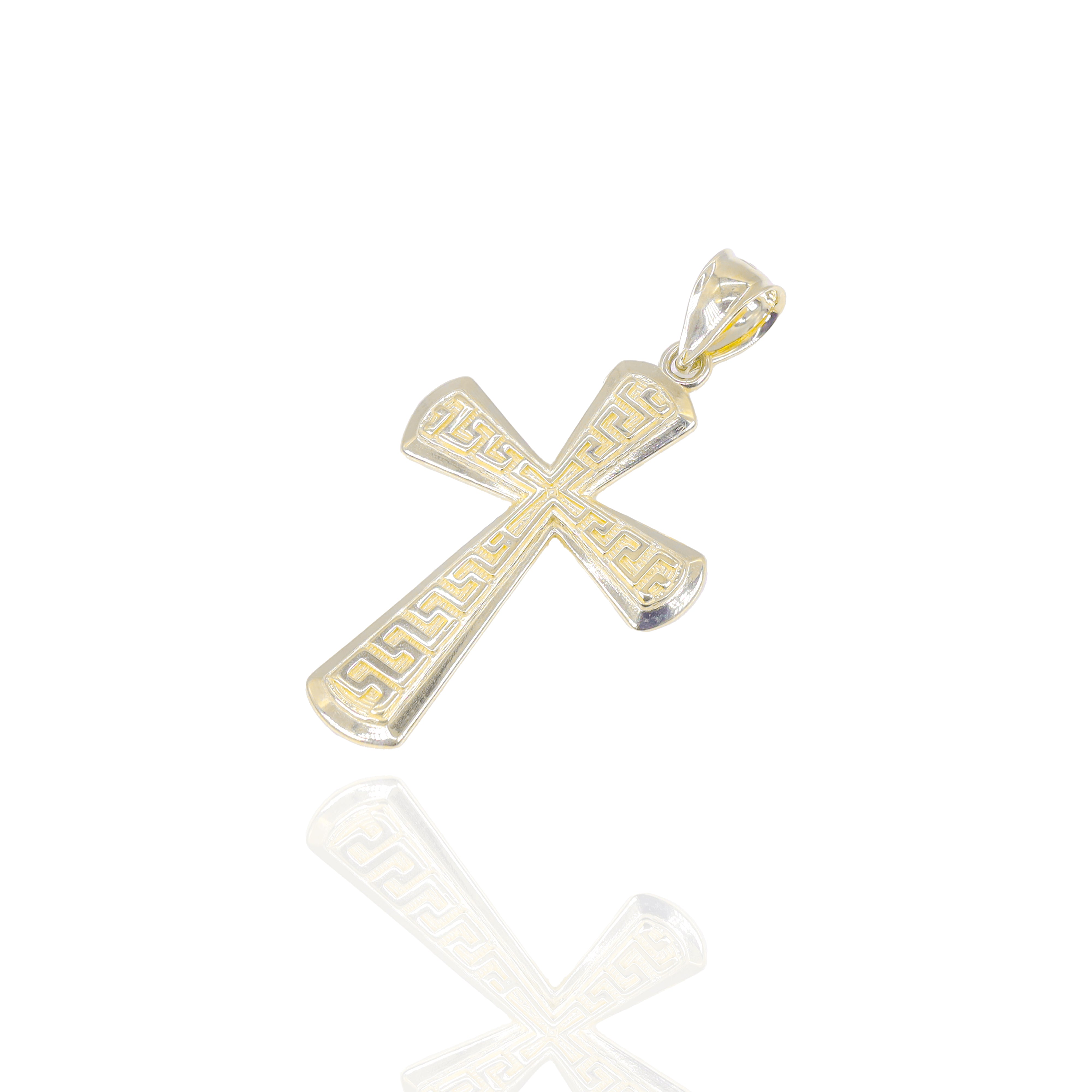 Greek Key Beveled Cross Gold Pendant