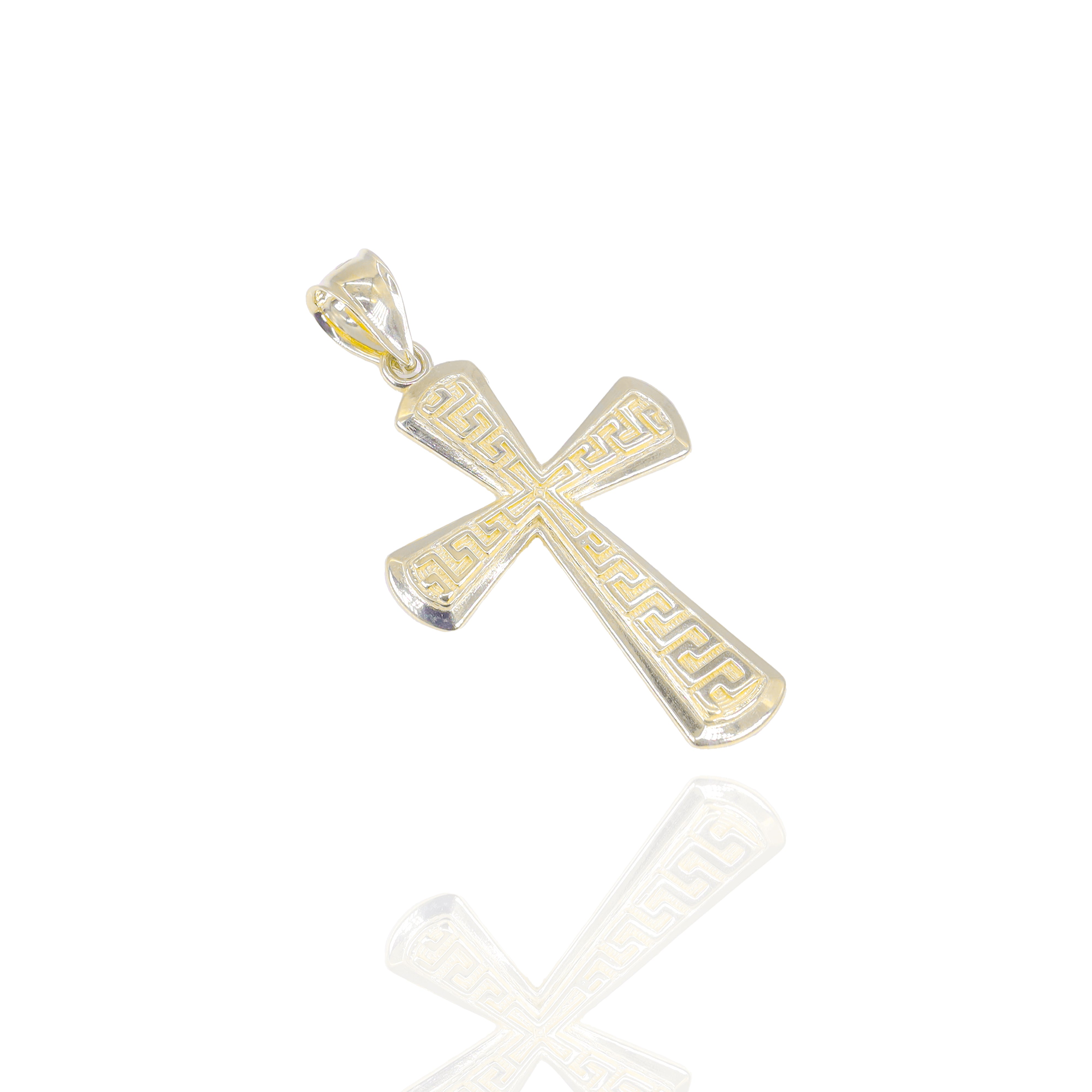 Greek Key Beveled Cross Gold Pendant