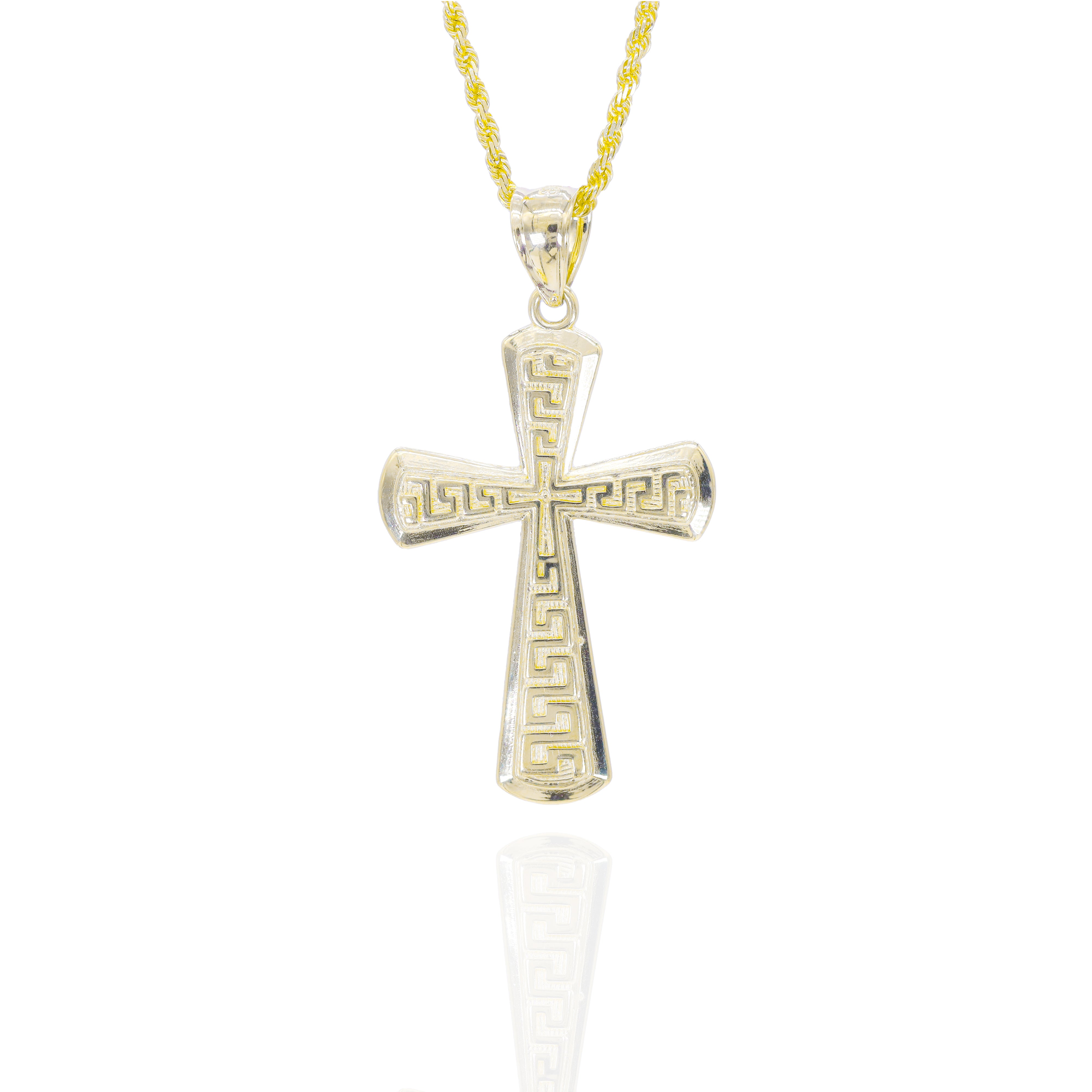 Greek Key Beveled Cross Gold Pendant