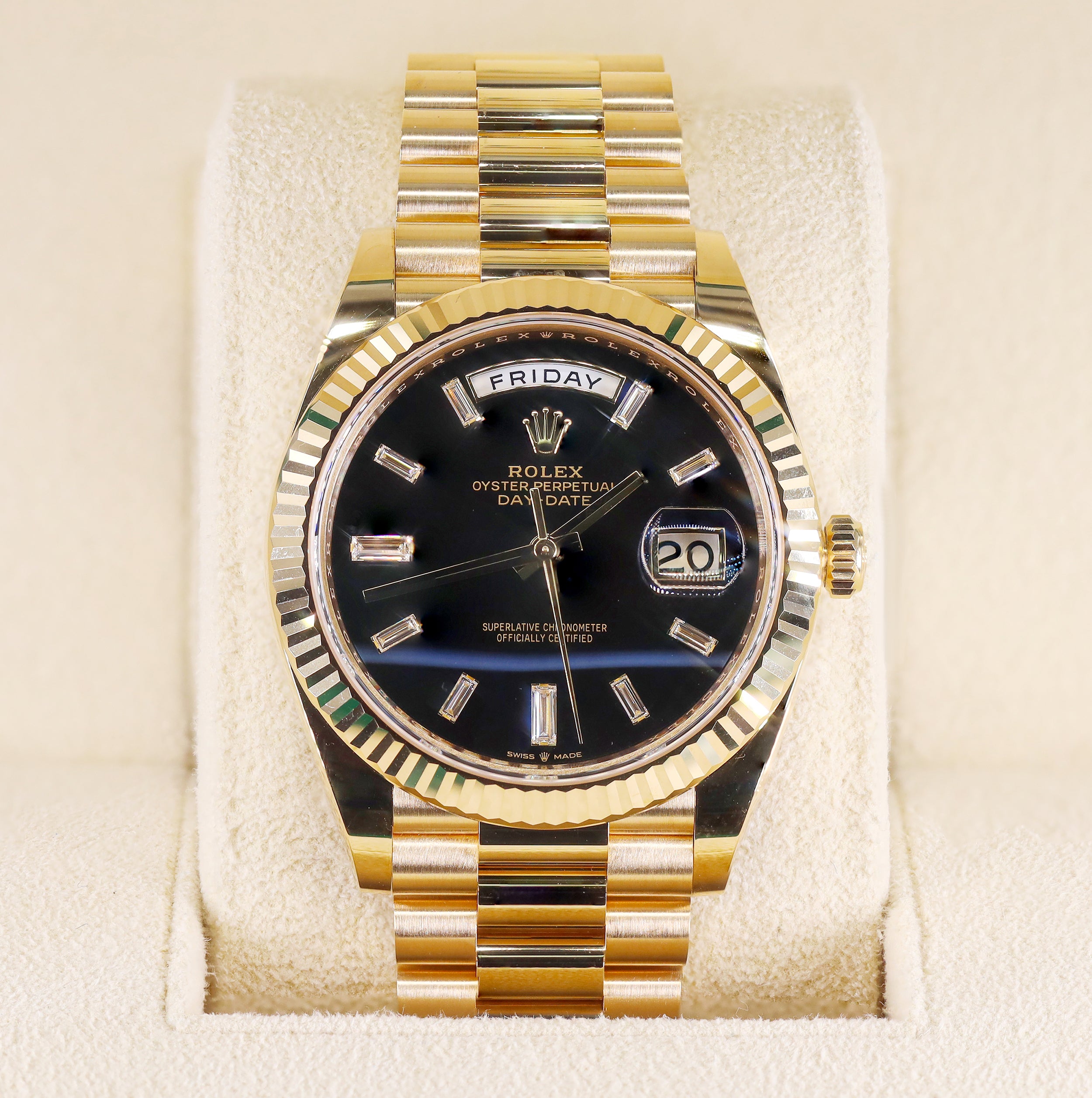 Rolex 228238 Day-Date 40mm Black Onyx Baguette Diamond Dial Yellow Gold