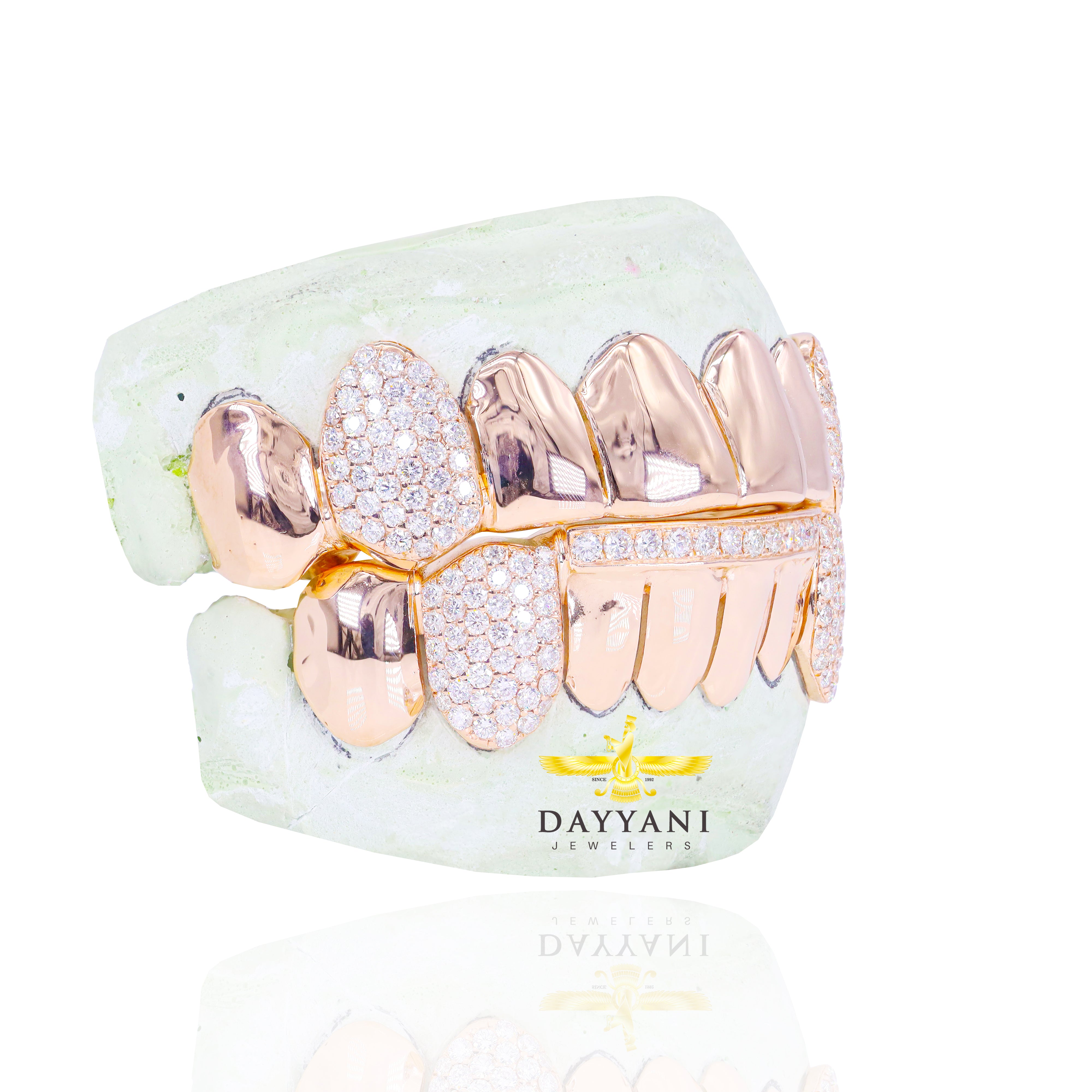 Custom 8 on 8 Teeth Diamond Fangs & Diamond Bar Gold Grillz