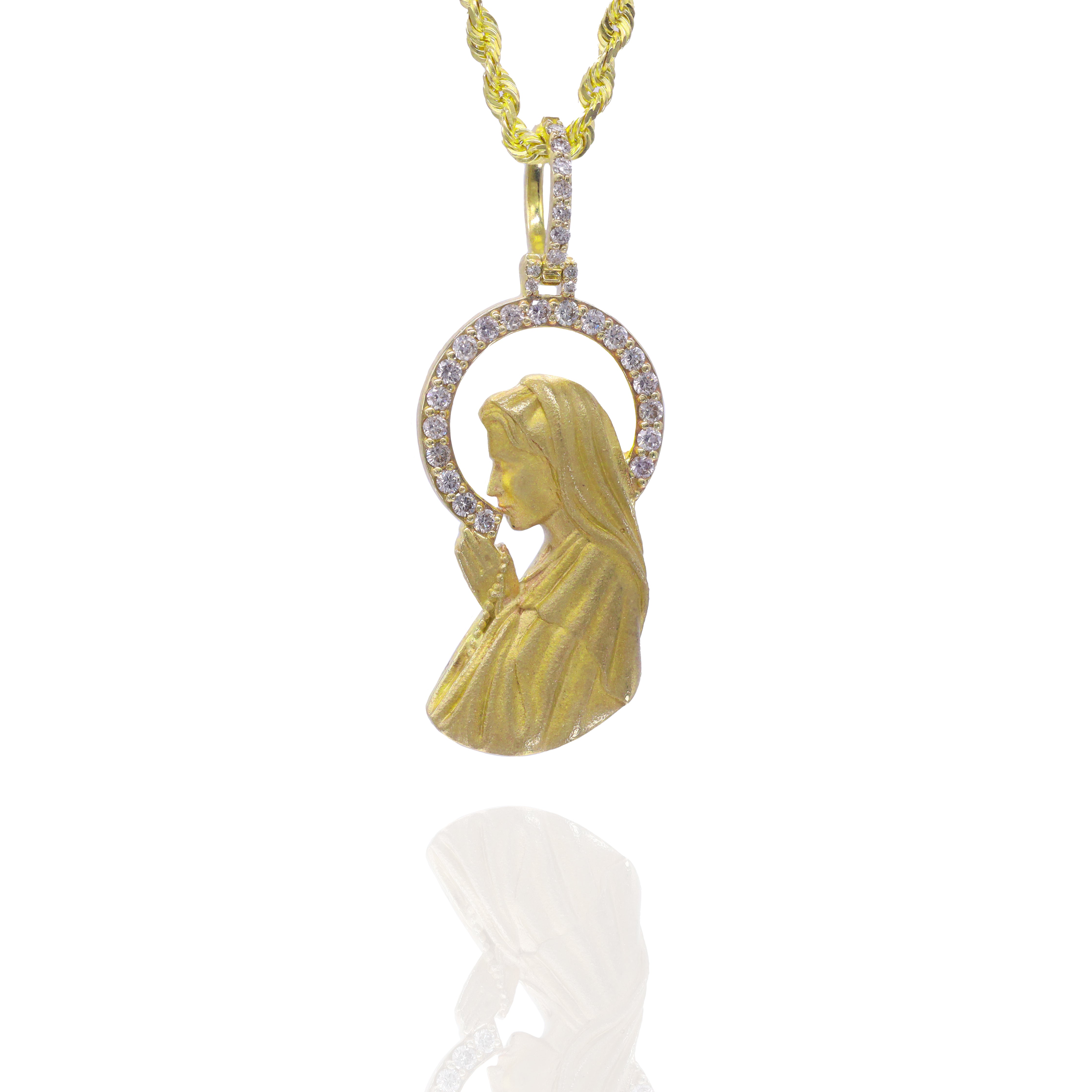 Virign Mary Pray for Us Diamond & Gold Pendant