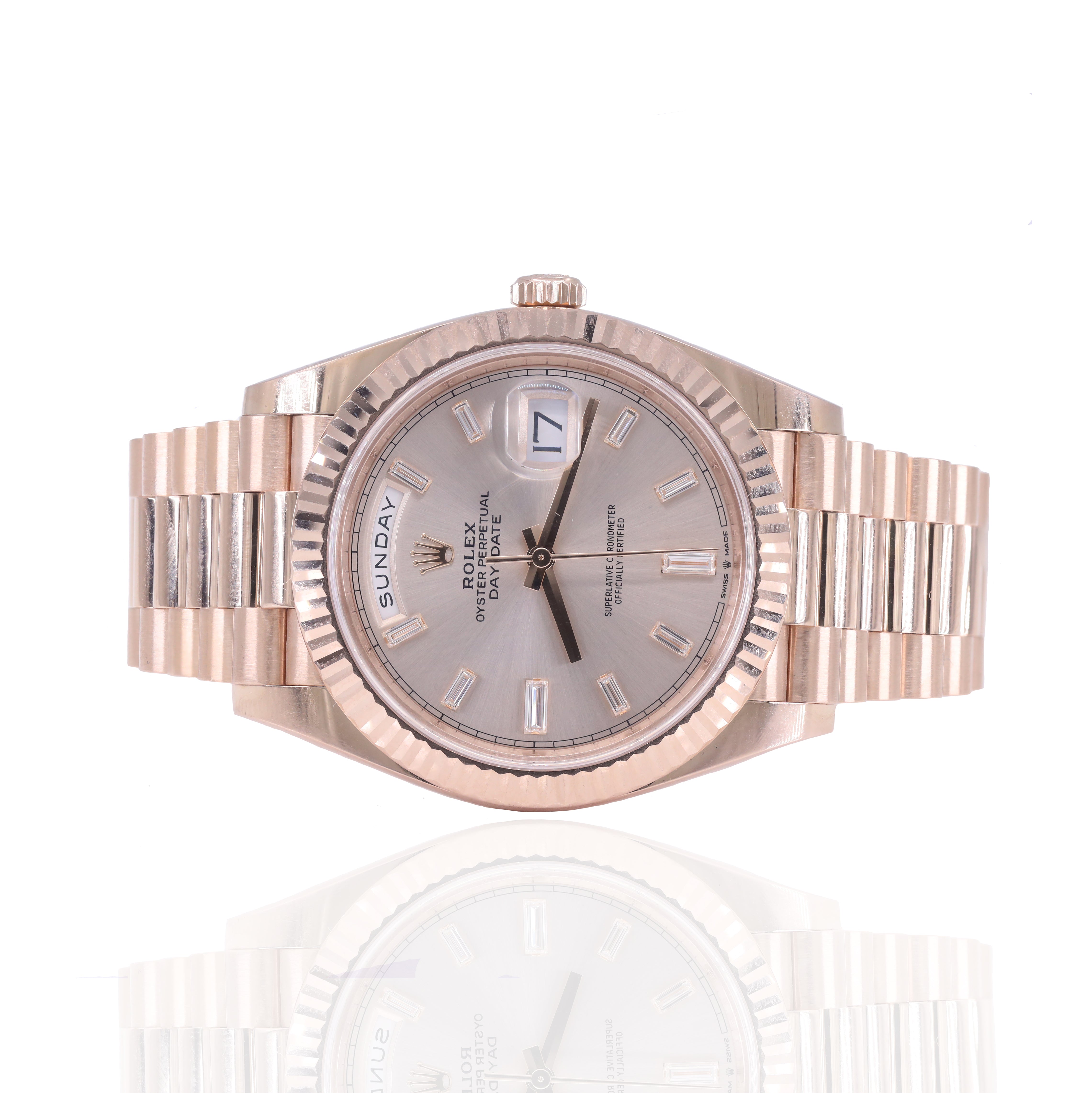 Rolex 228235 Day-Date 40mm Everose Gold Sundust Baguette Diamond Dial