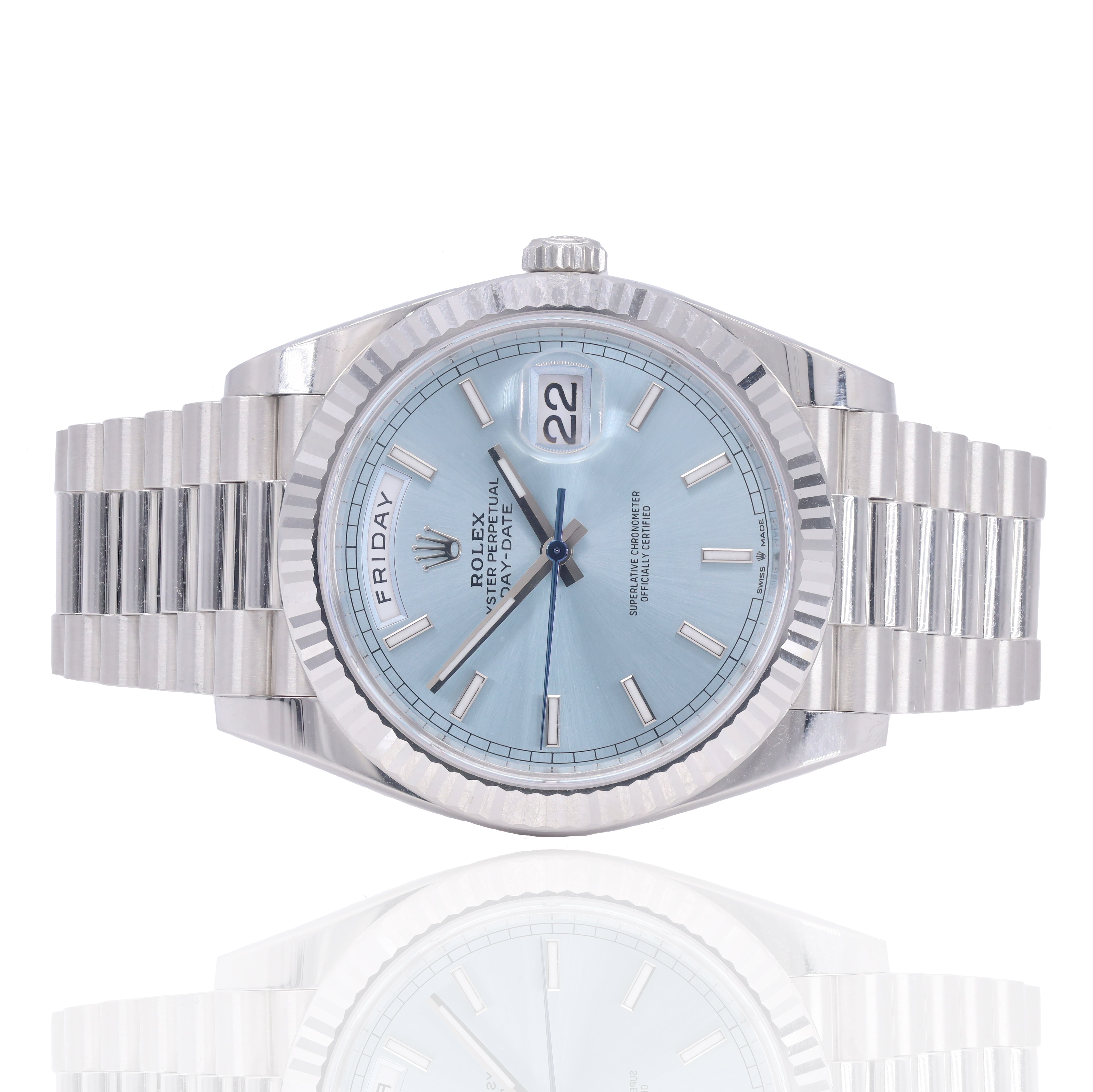 Rolex 228236 Day-Date 40mm Platinum Ice-Blue Stick Dial