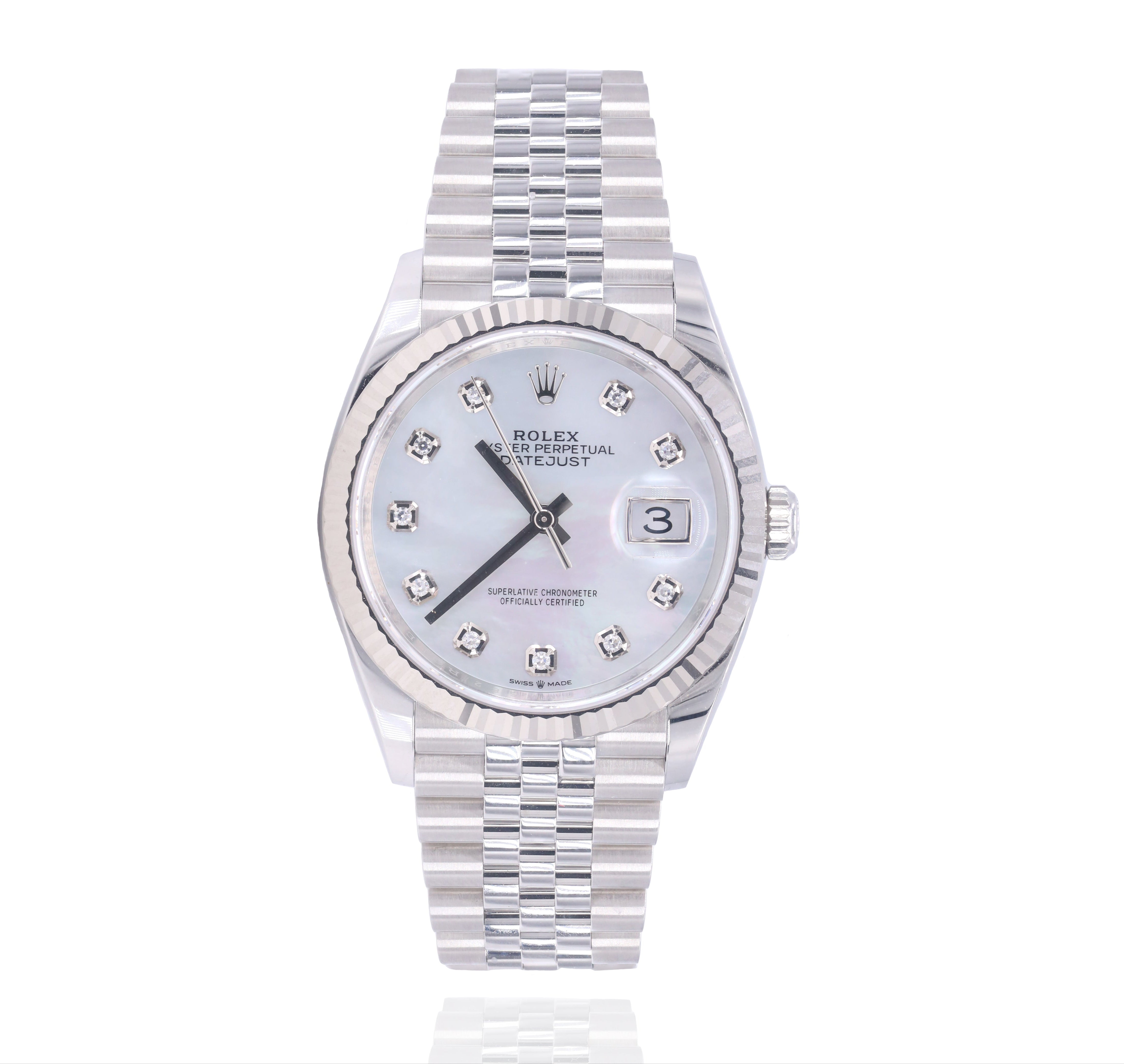 Rolex 126234 DateJust White Mother-of-Pearl Diamond-Set Dial 36mm Fluted Bezel