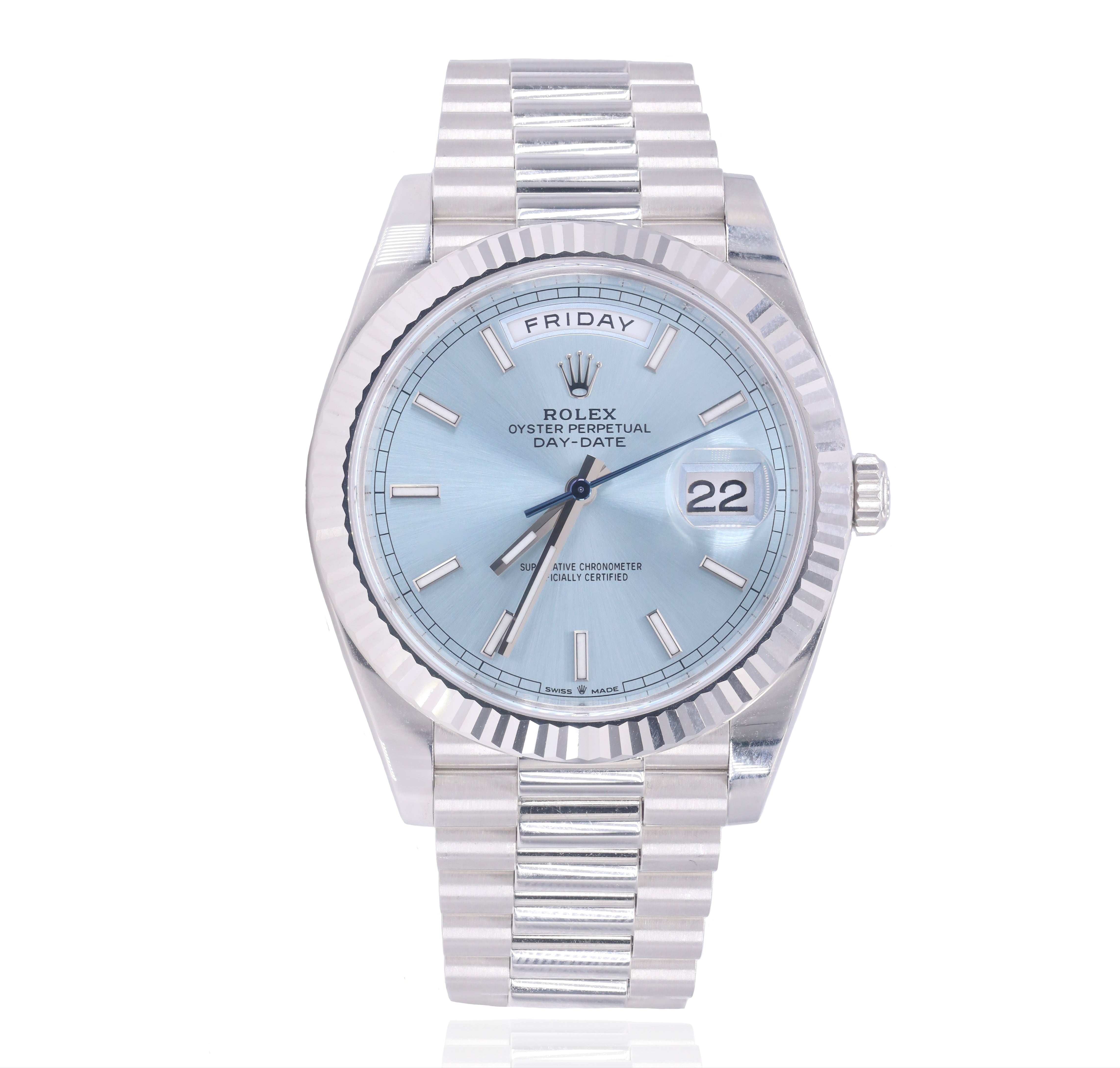 Rolex 228236 Day-Date 40mm Platinum Ice-Blue Stick Dial