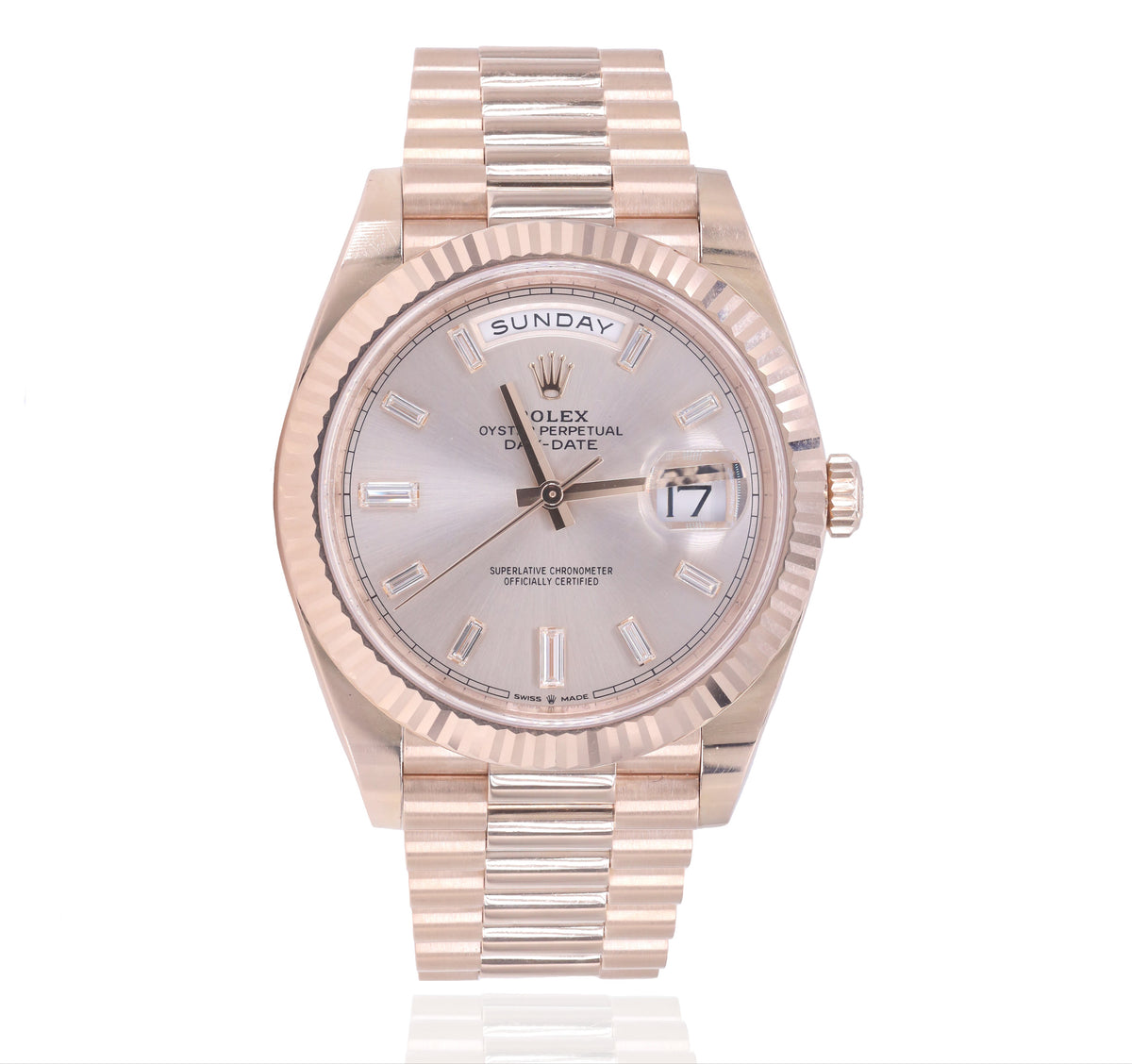 Rolex 228235 Day-Date 40mm Everose Gold Sundust Baguette Diamond Dial