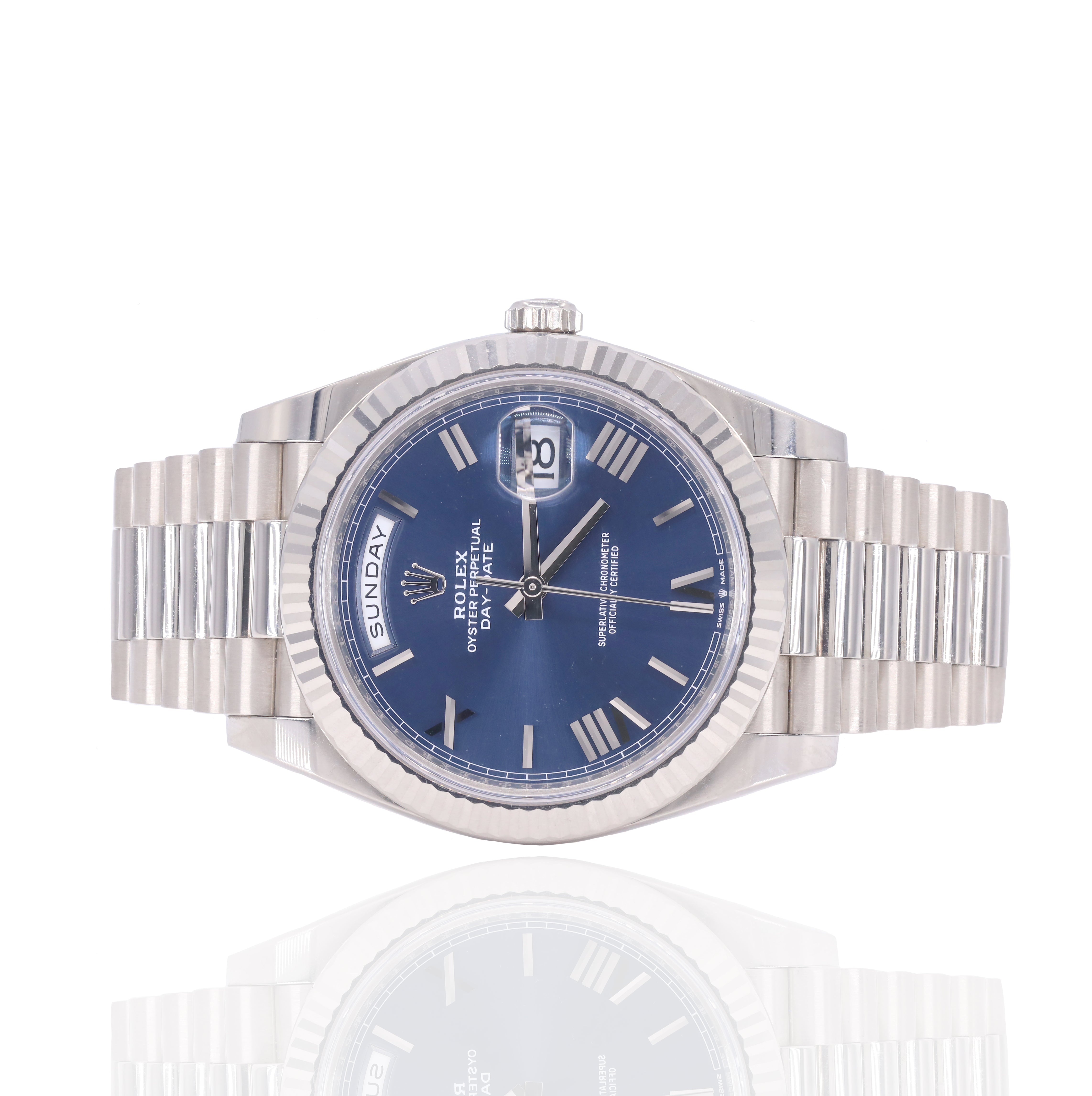 Rolex 228239 Day-Date 40mm White Gold Bright Blue Roman Dial