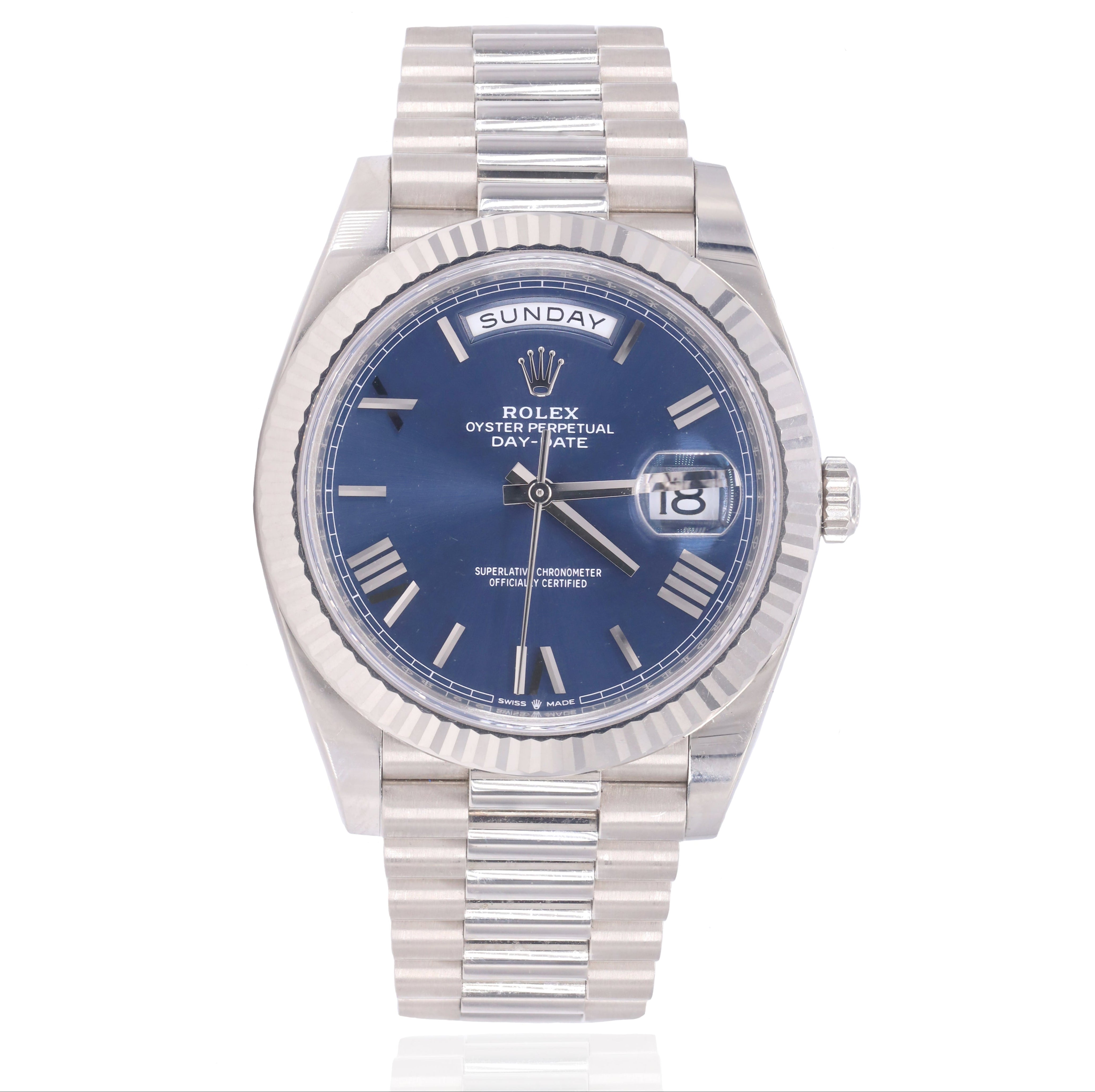 Rolex 228239 Day-Date 40mm White Gold Bright Blue Roman Dial