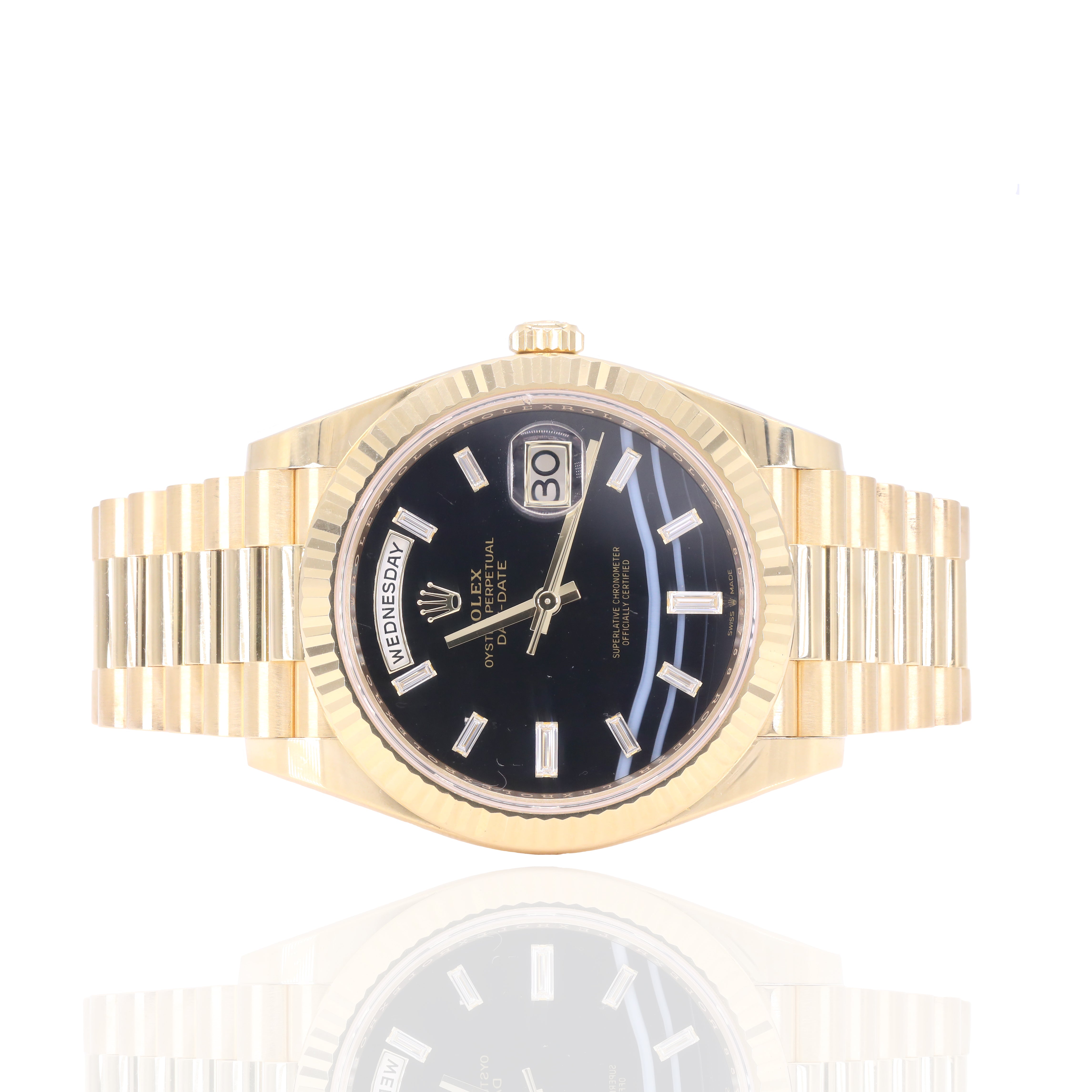 Rolex 228238 Day-Date 40mm Black Onyx Baguette Triple Wave Diamond Dial Yellow Gold
