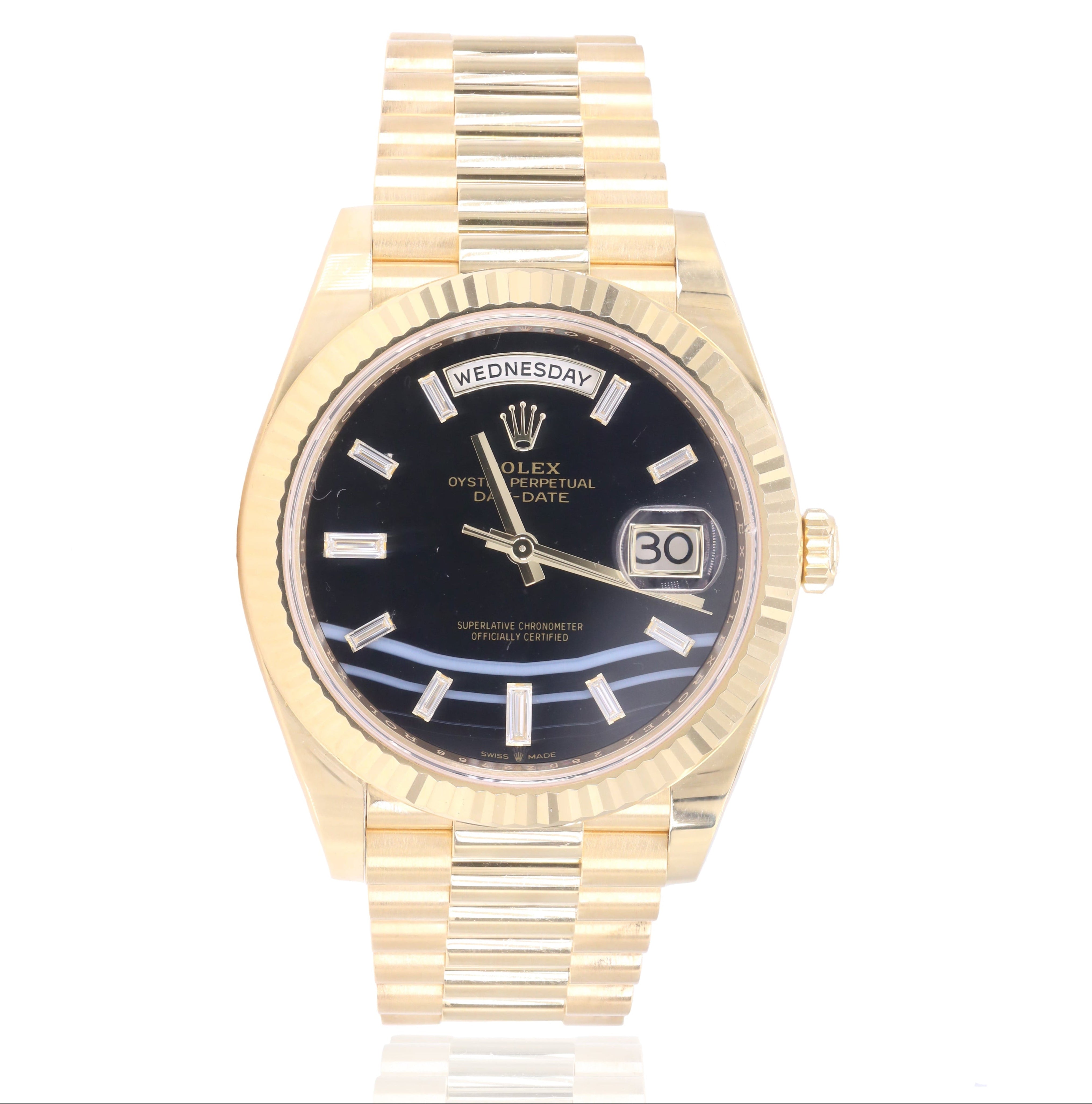 Rolex 228238 Day-Date 40mm Black Onyx Baguette Triple Wave Diamond Dial Yellow Gold