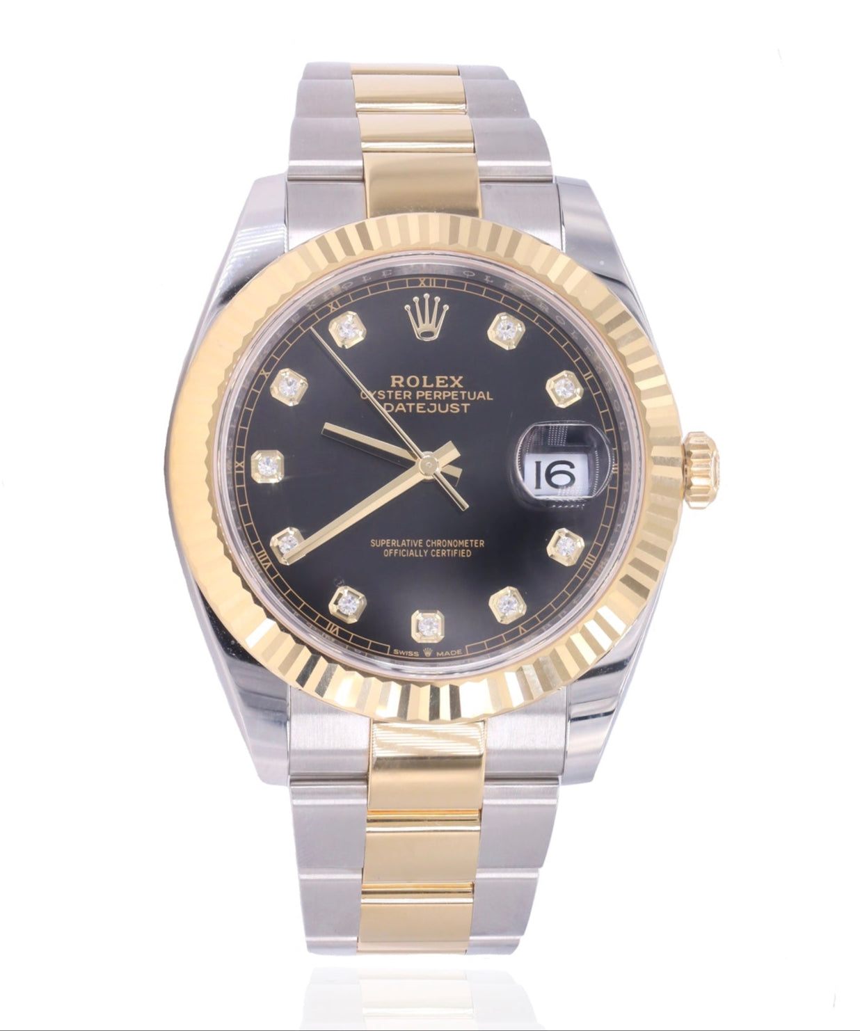 Rolex 126333 Datejust 41mm Mens Oyster Two-Tone 18K Gold Fluted Bezel & Bright Black Diamond Dial