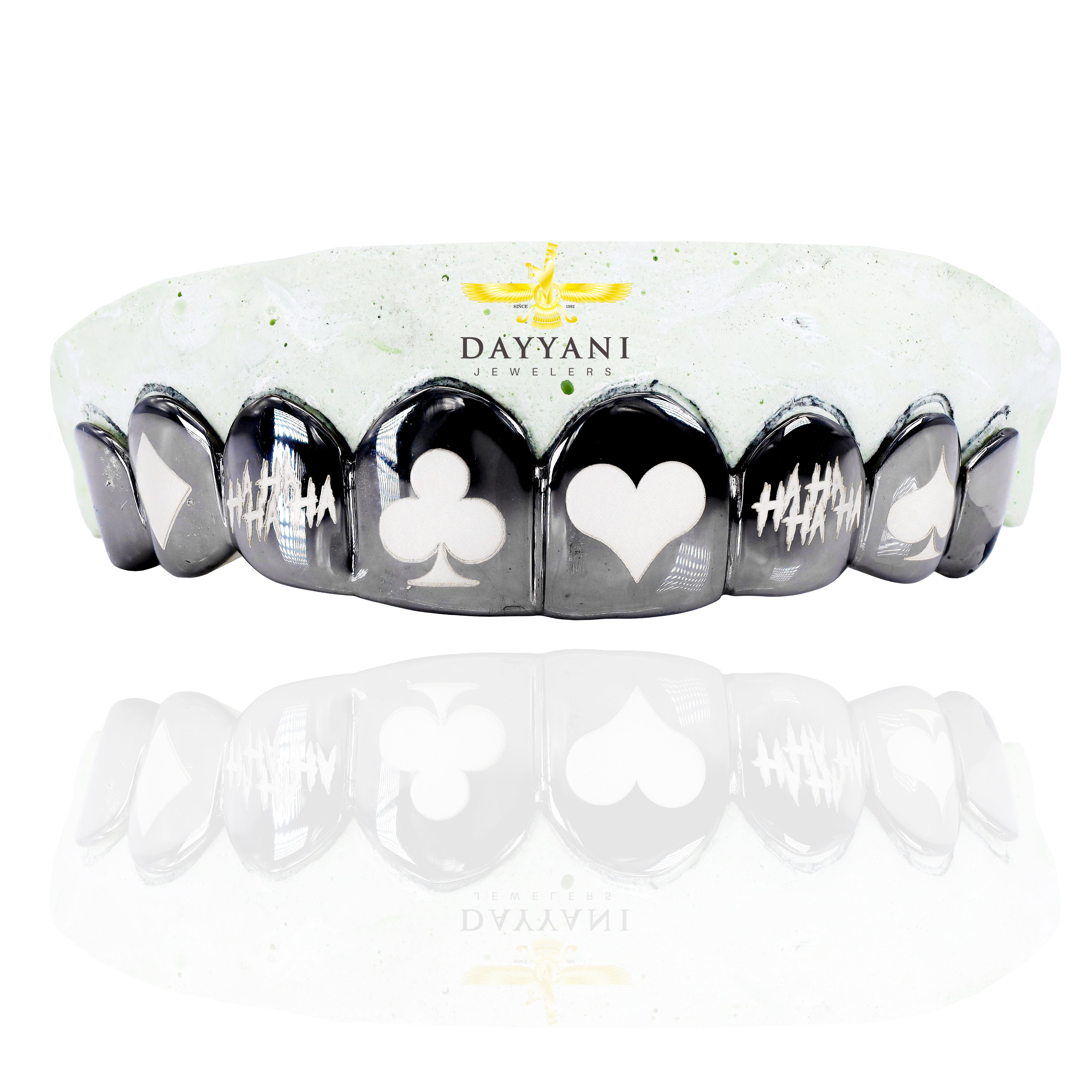 Custom 6 Teeth Joker Grill with Black Rhodium with Engravings Gold Grillz