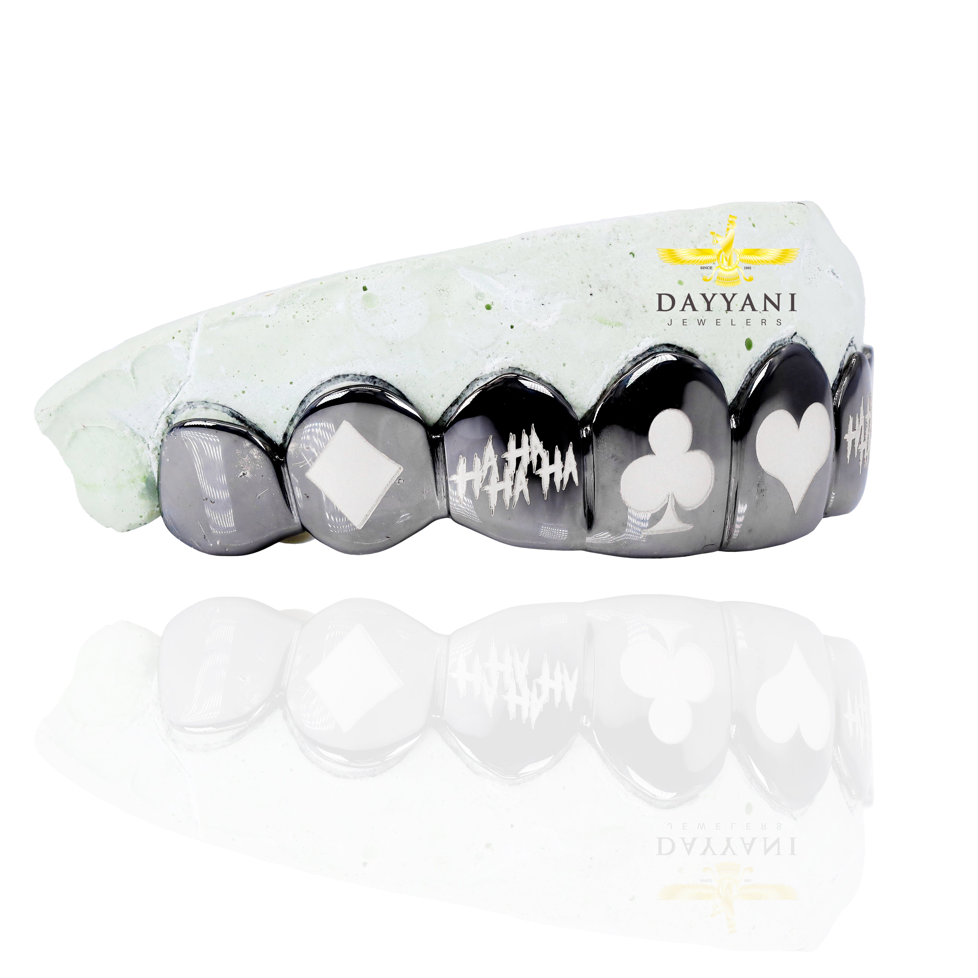 Custom 6 Teeth Joker Grill with Black Rhodium with Engravings Gold Grillz