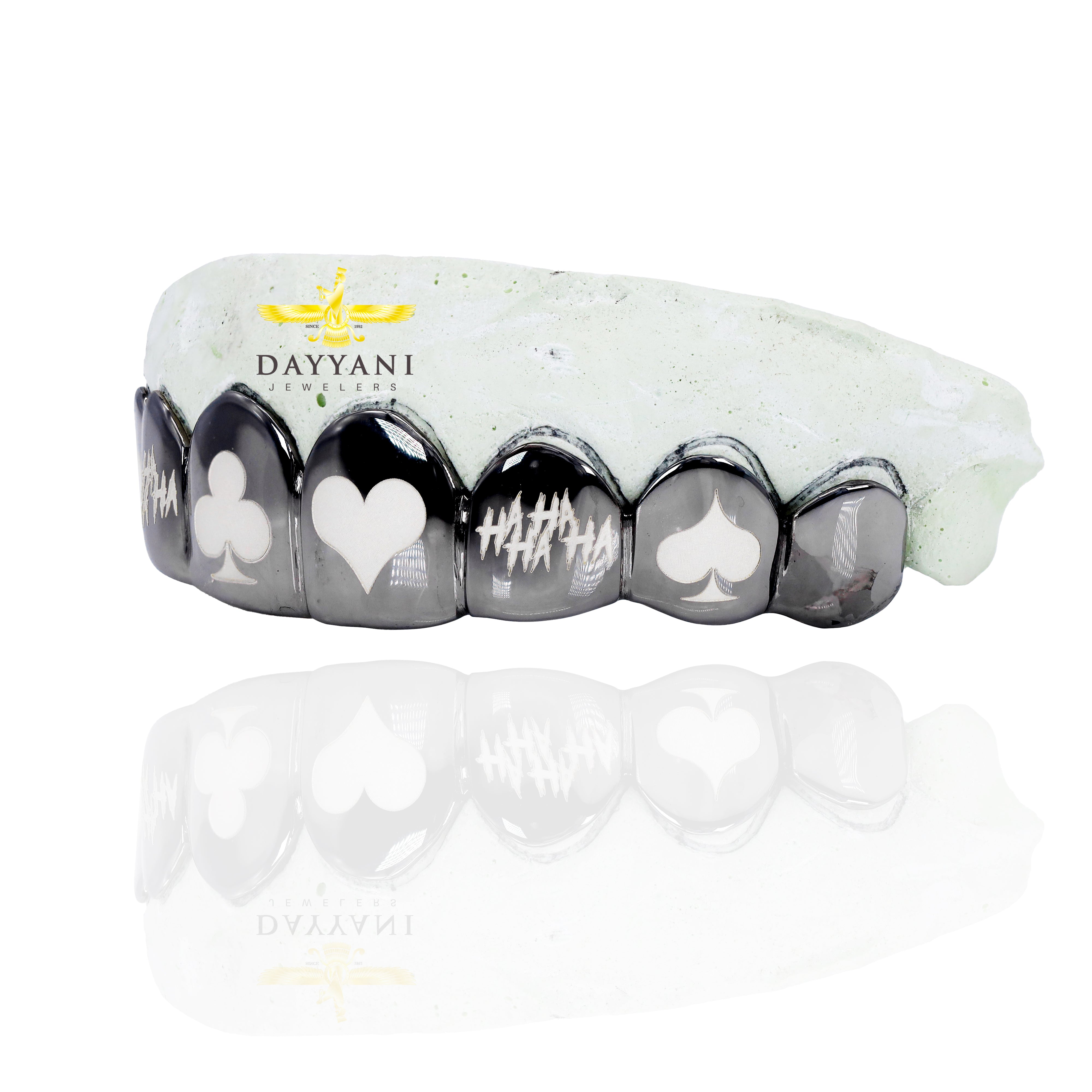 Custom 6 Teeth Joker Grill with Black Rhodium with Engravings Gold Grillz