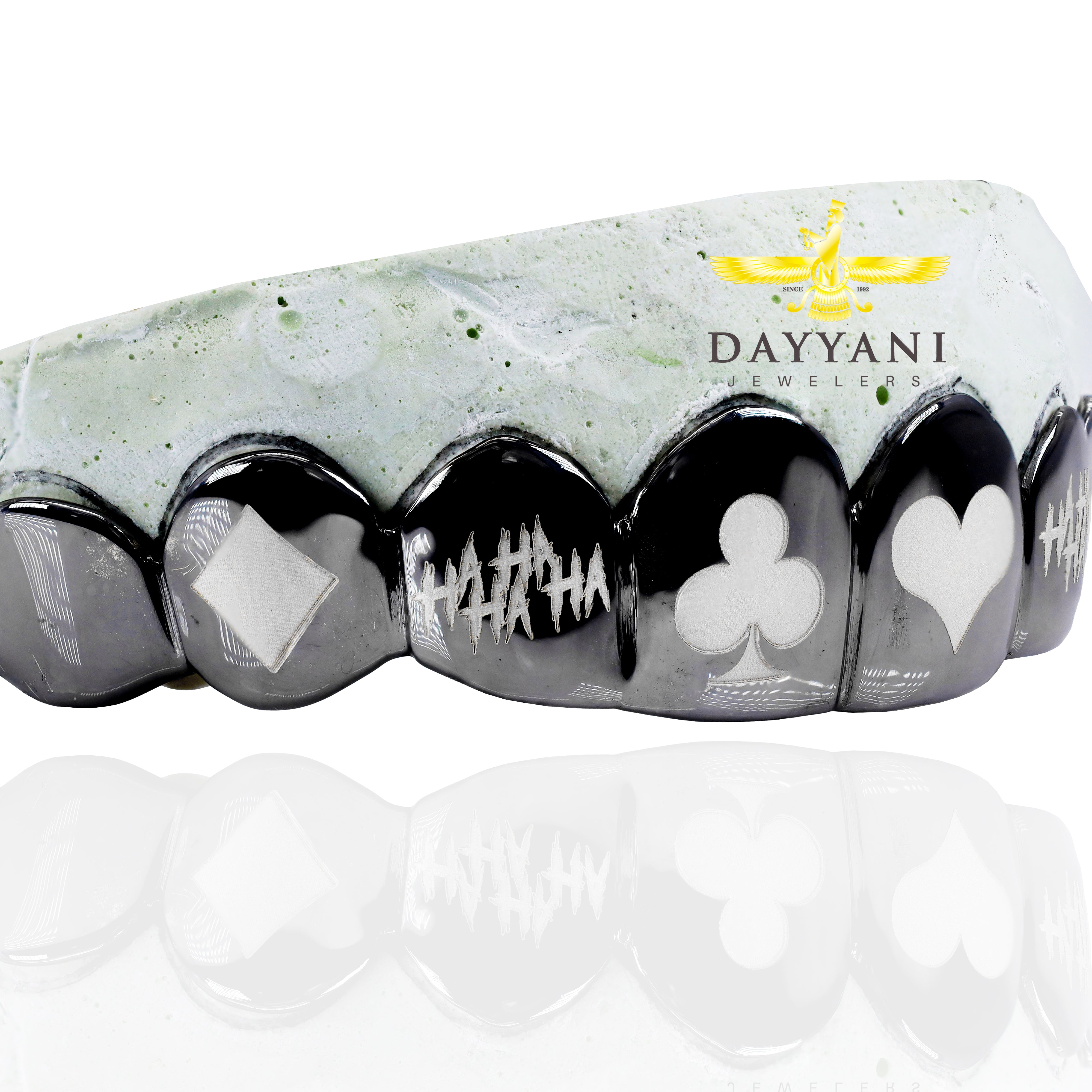 Custom 6 Teeth Joker Grill with Black Rhodium with Engravings Gold Grillz