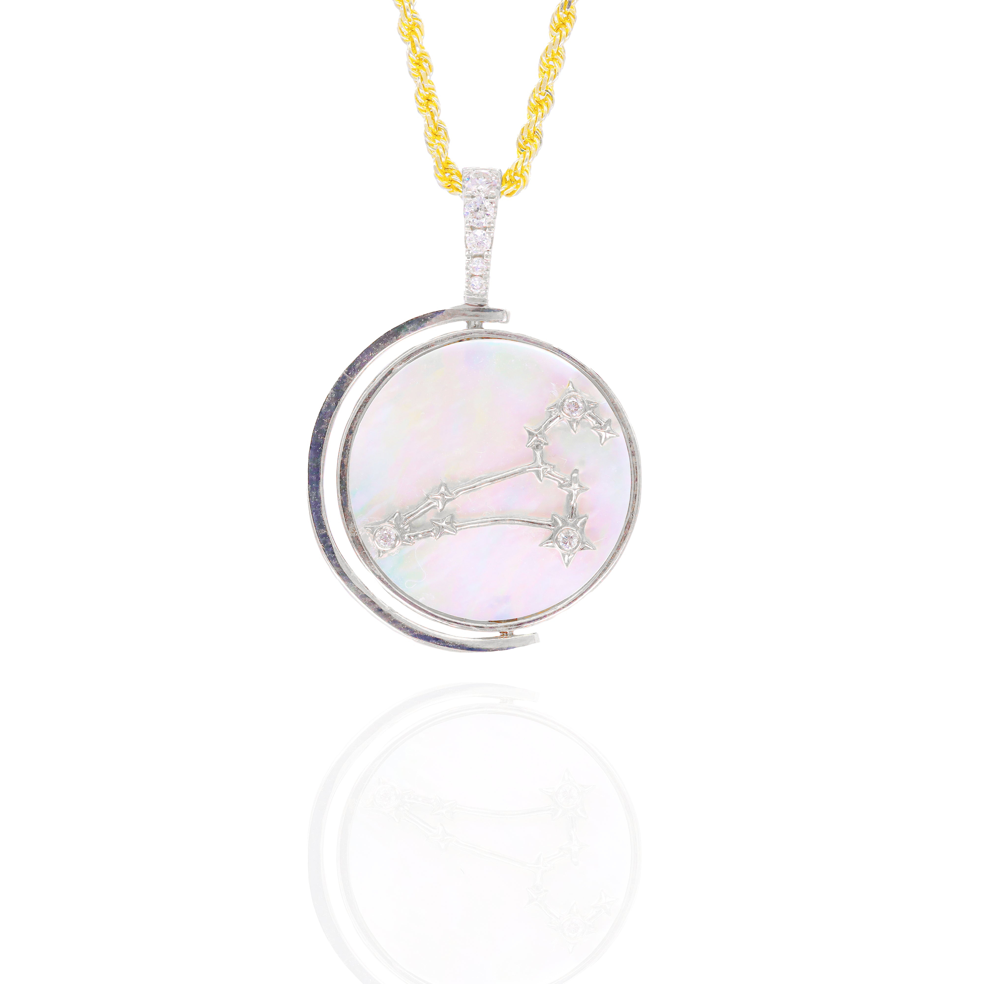 Leo Zodiac Sign Medallion Diamond Pendant w/ Mother of Pearl