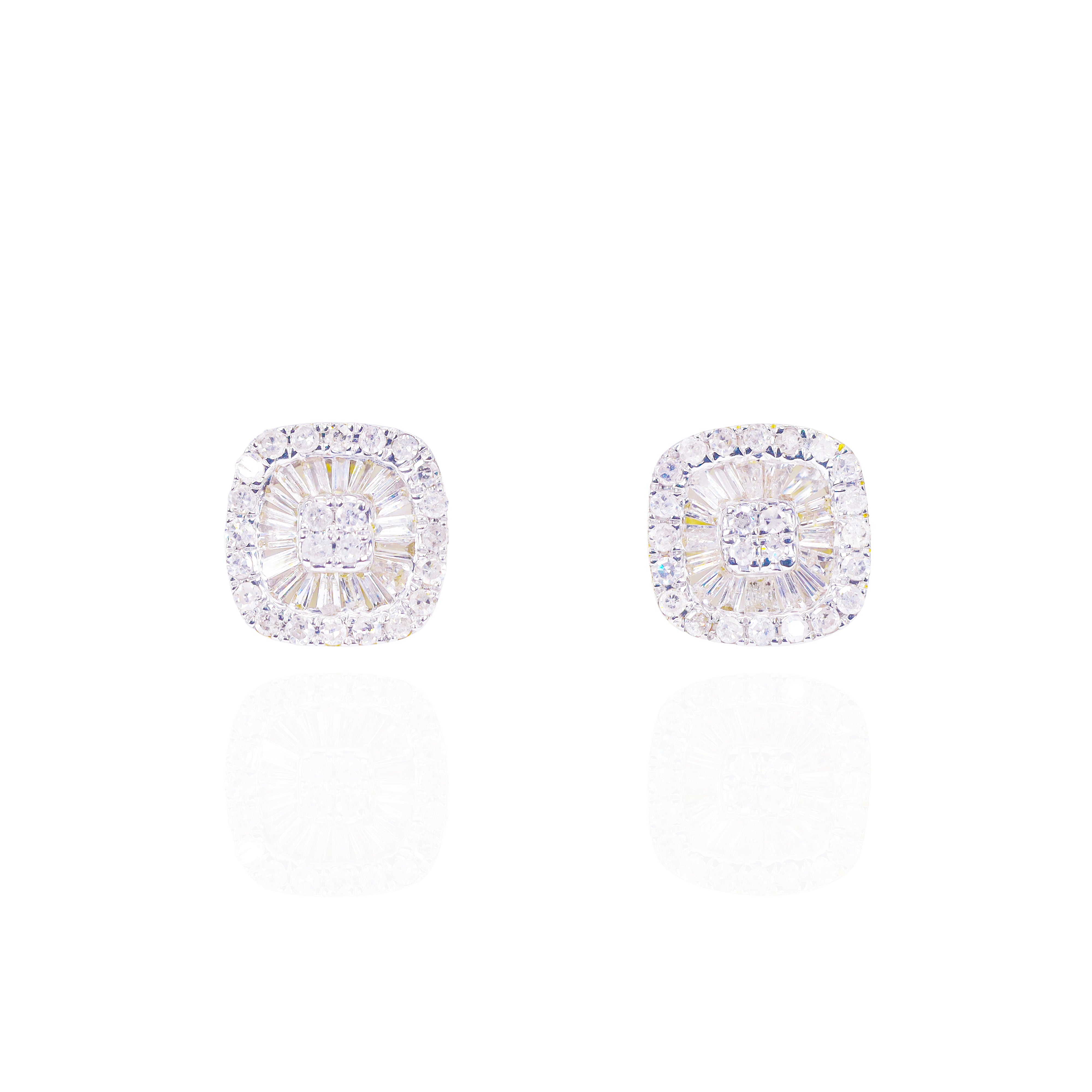 Square Baguette Cluster Earrings w/ Round Diamond Border