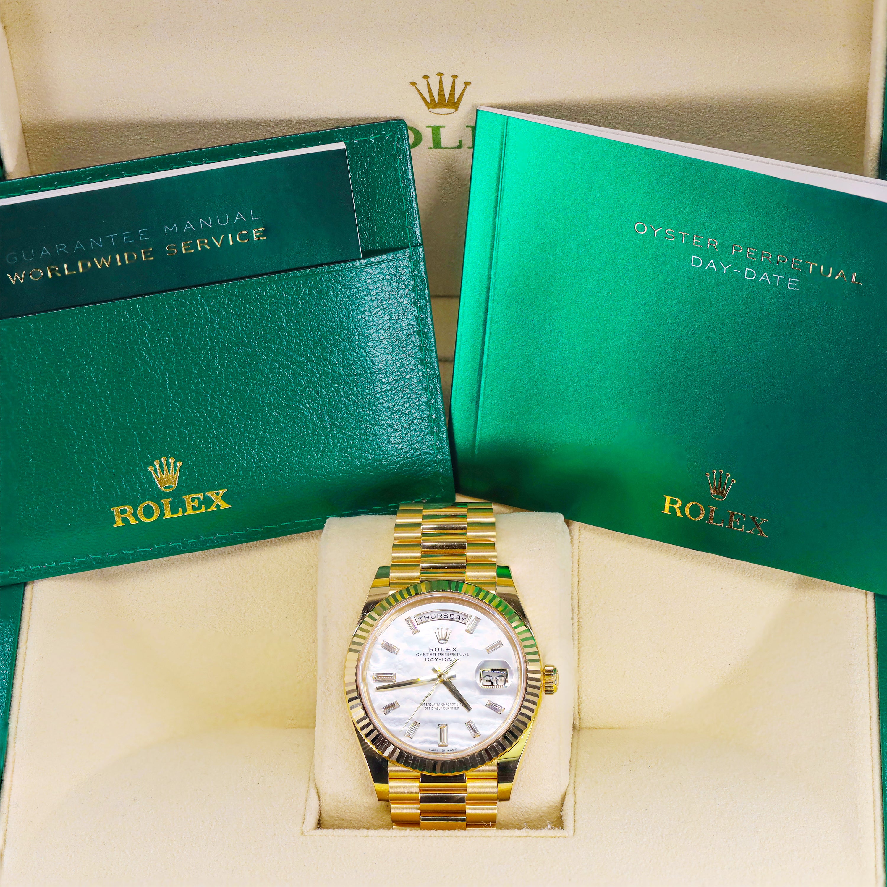 Rolex 228238 Day-Date 40mm Yellow Gold Mother of Pearl Baguette Diamond Dial