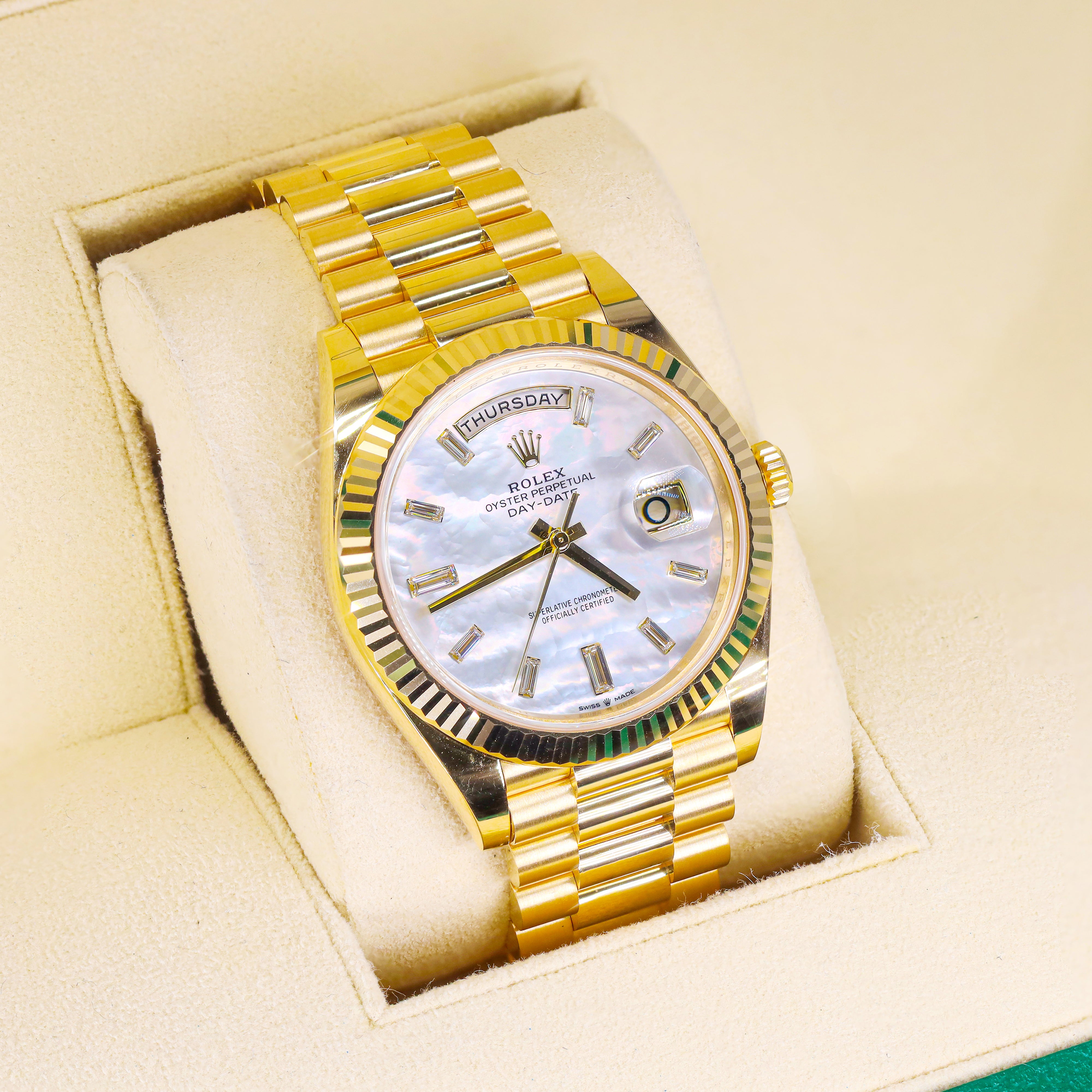 Rolex 228238 Day-Date 40mm Yellow Gold Mother of Pearl Baguette Diamond Dial