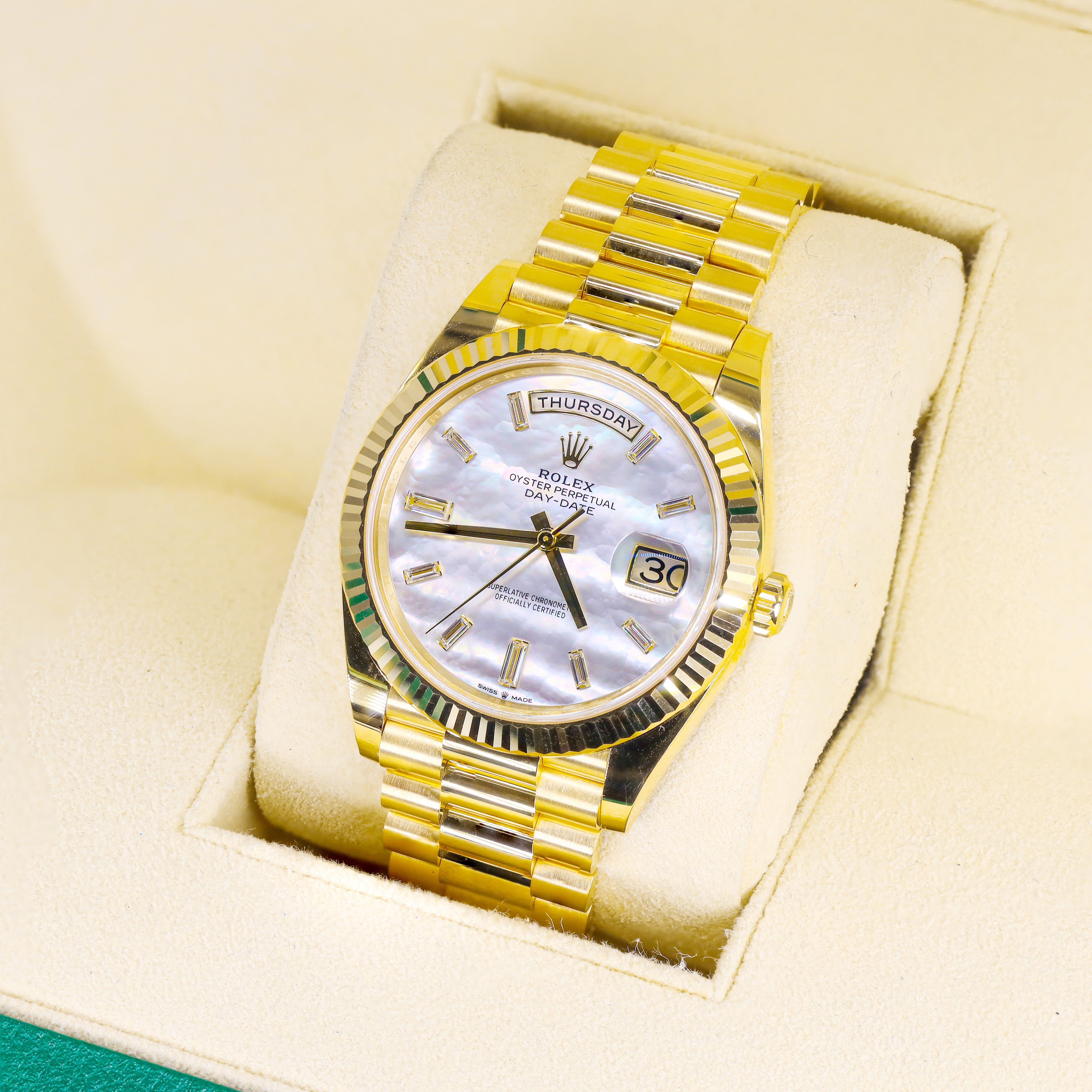 Rolex 228238 Day-Date 40mm Yellow Gold Mother of Pearl Baguette Diamond Dial