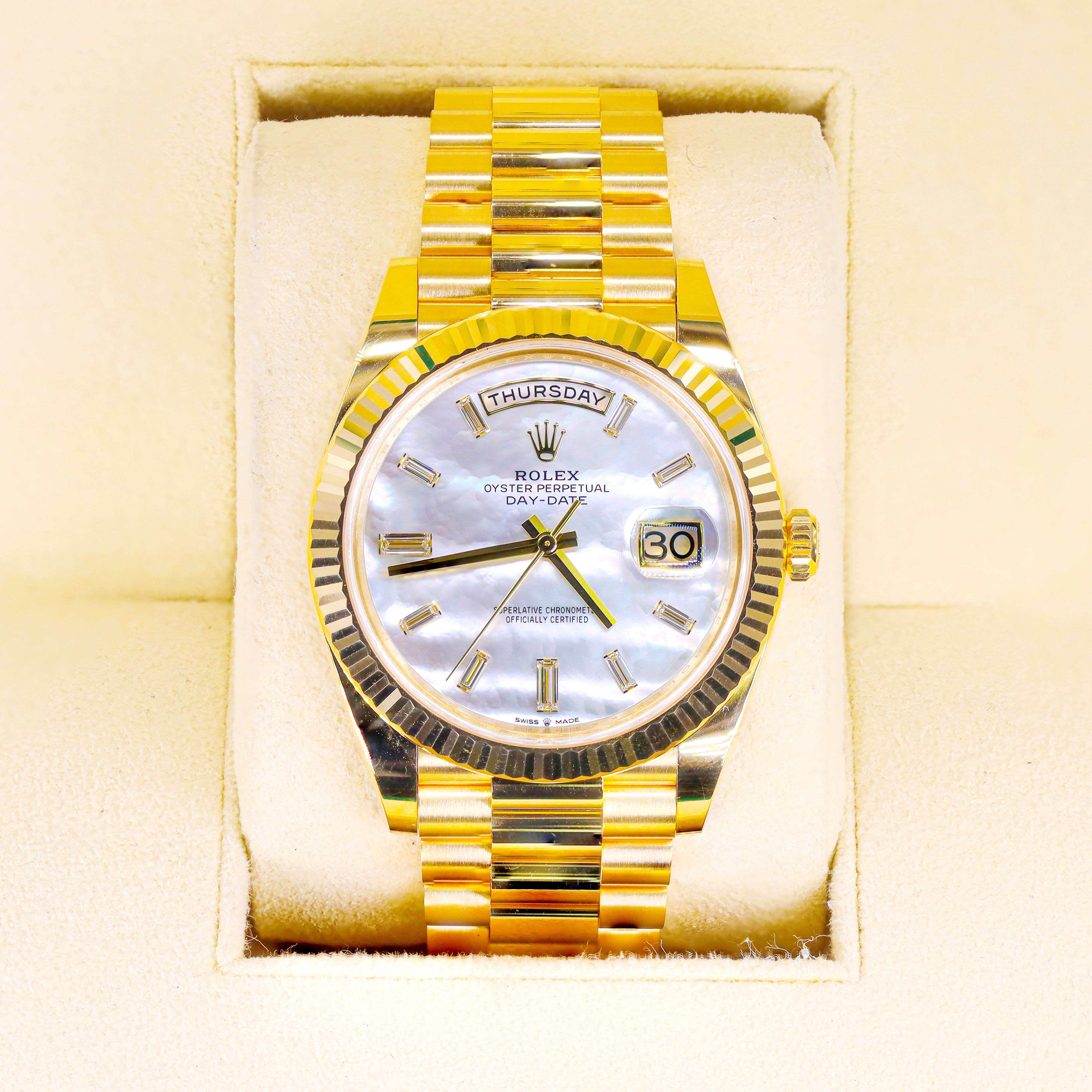 Rolex 228238 Day-Date 40mm Yellow Gold Mother of Pearl Baguette Diamond Dial