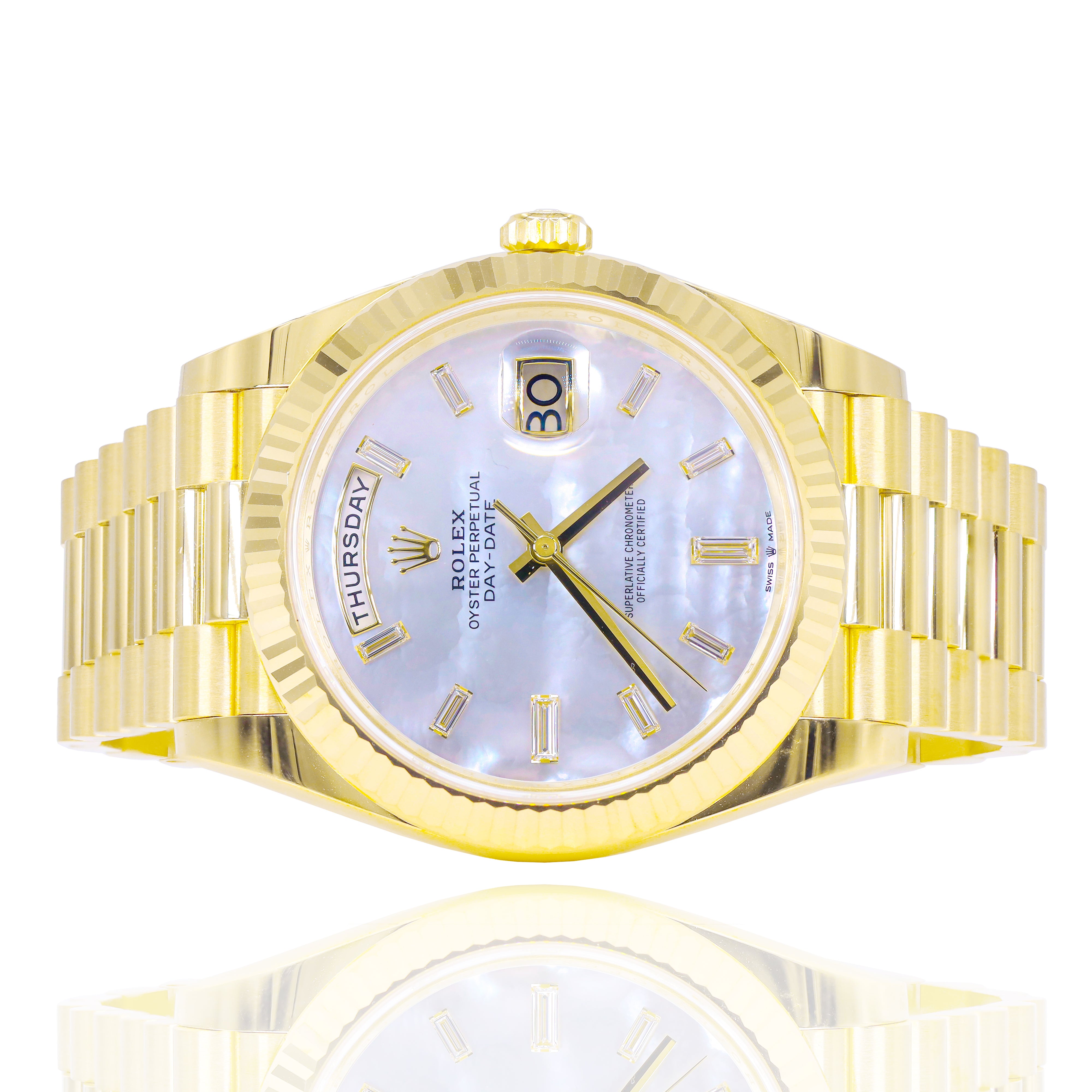 Rolex 228238 Day-Date 40mm Yellow Gold Mother of Pearl Baguette Diamond Dial